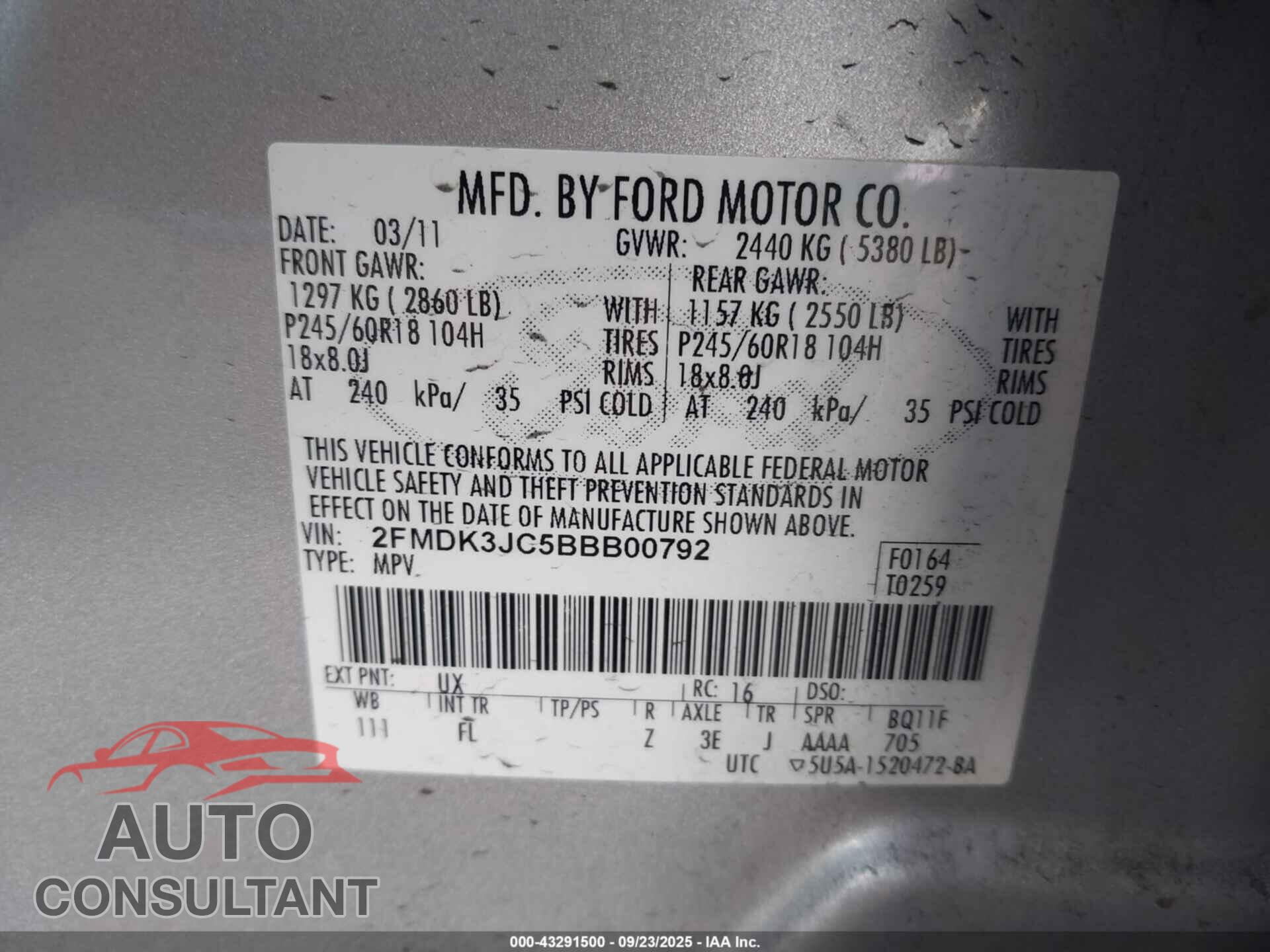 FORD EDGE 2011 - 2FMDK3JC5BBB00792