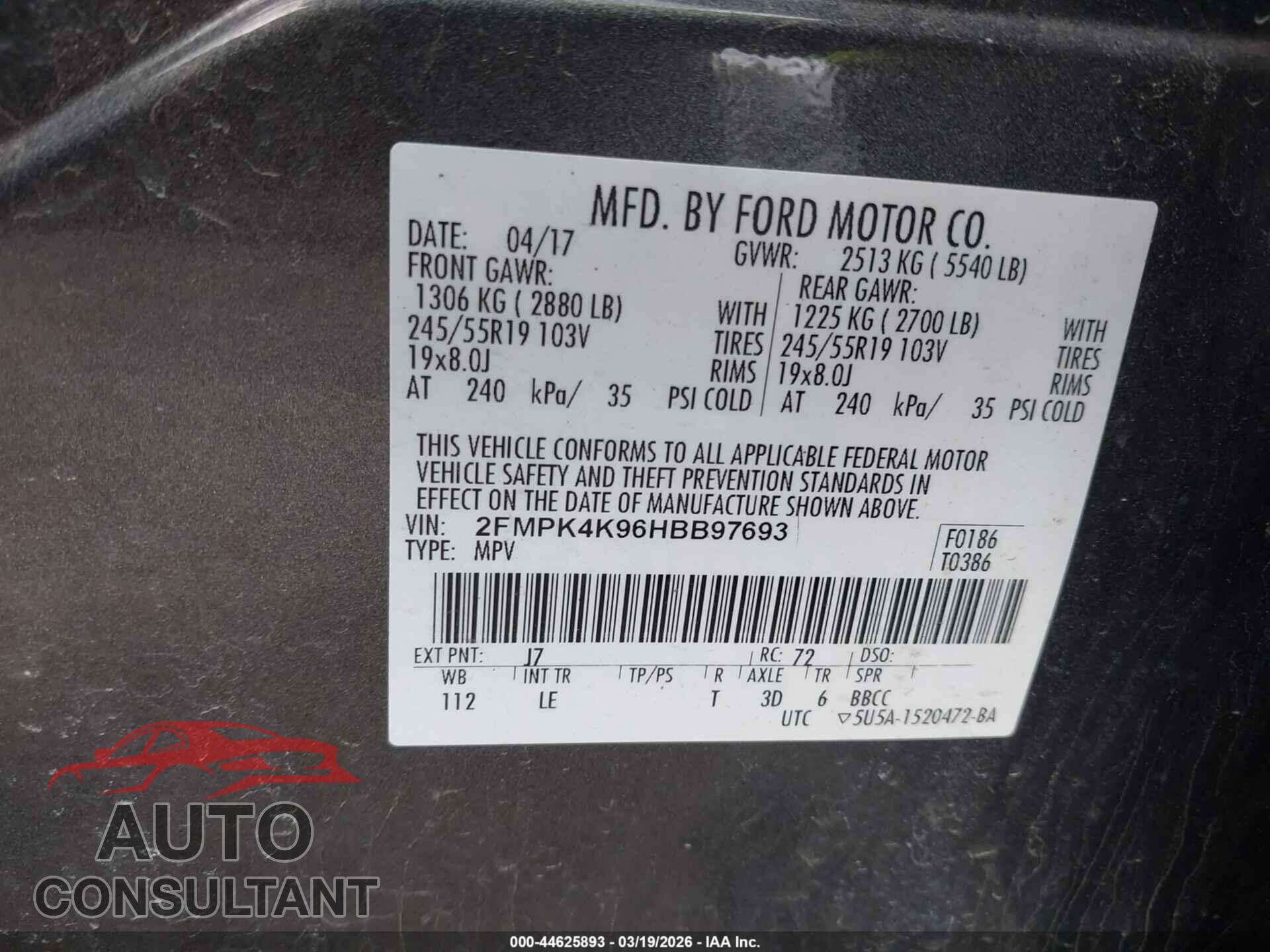 FORD EDGE 2017 - 2FMPK4K96HBB97693