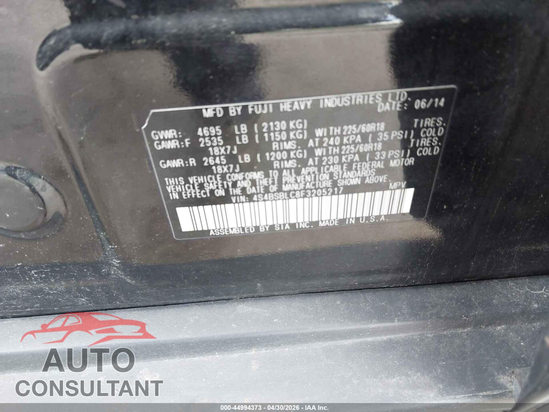 SUBARU OUTBACK 2015 - 4S4BSBLC8F3205217