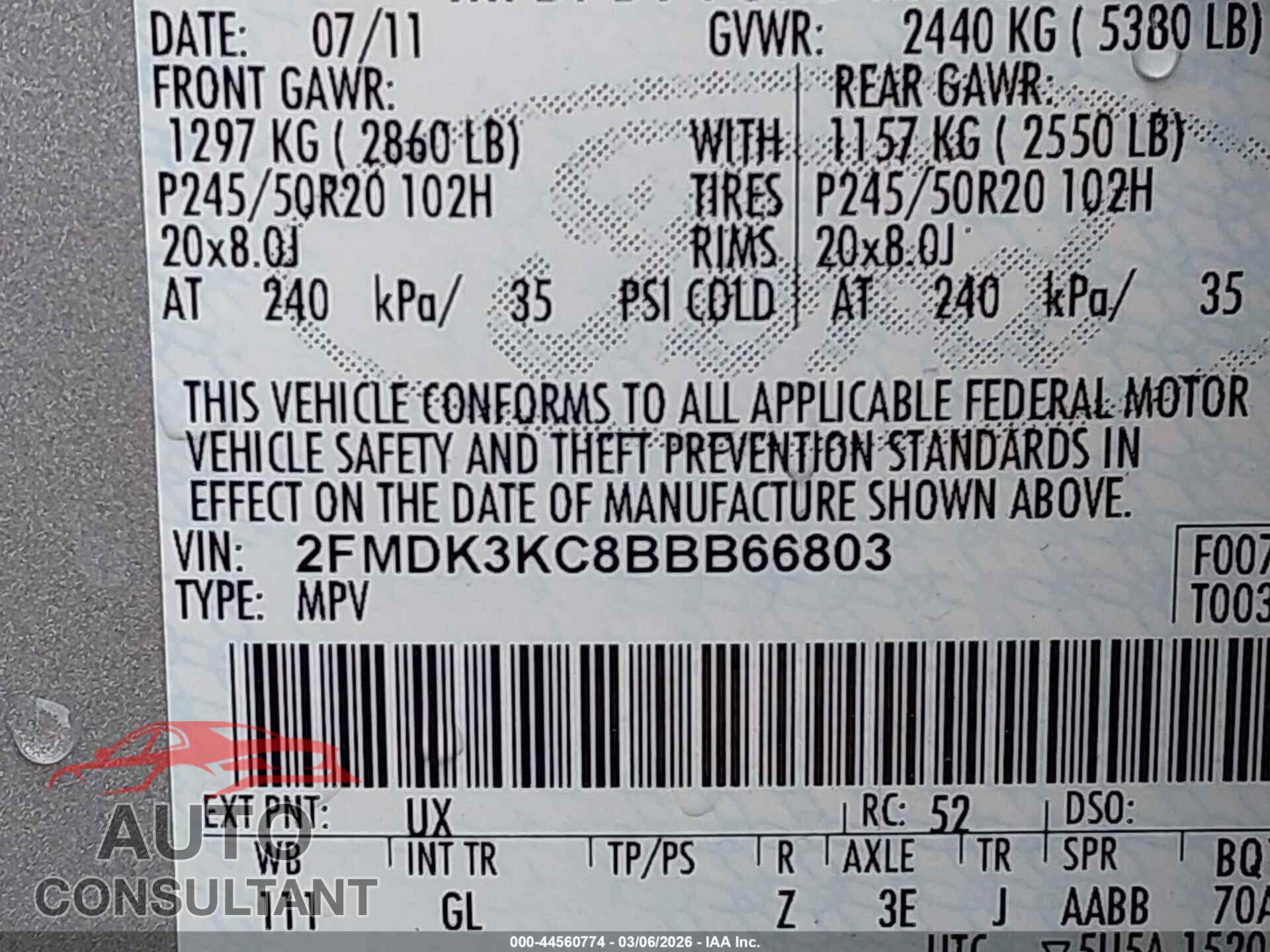 FORD EDGE 2011 - 2FMDK3KC8BBB66803