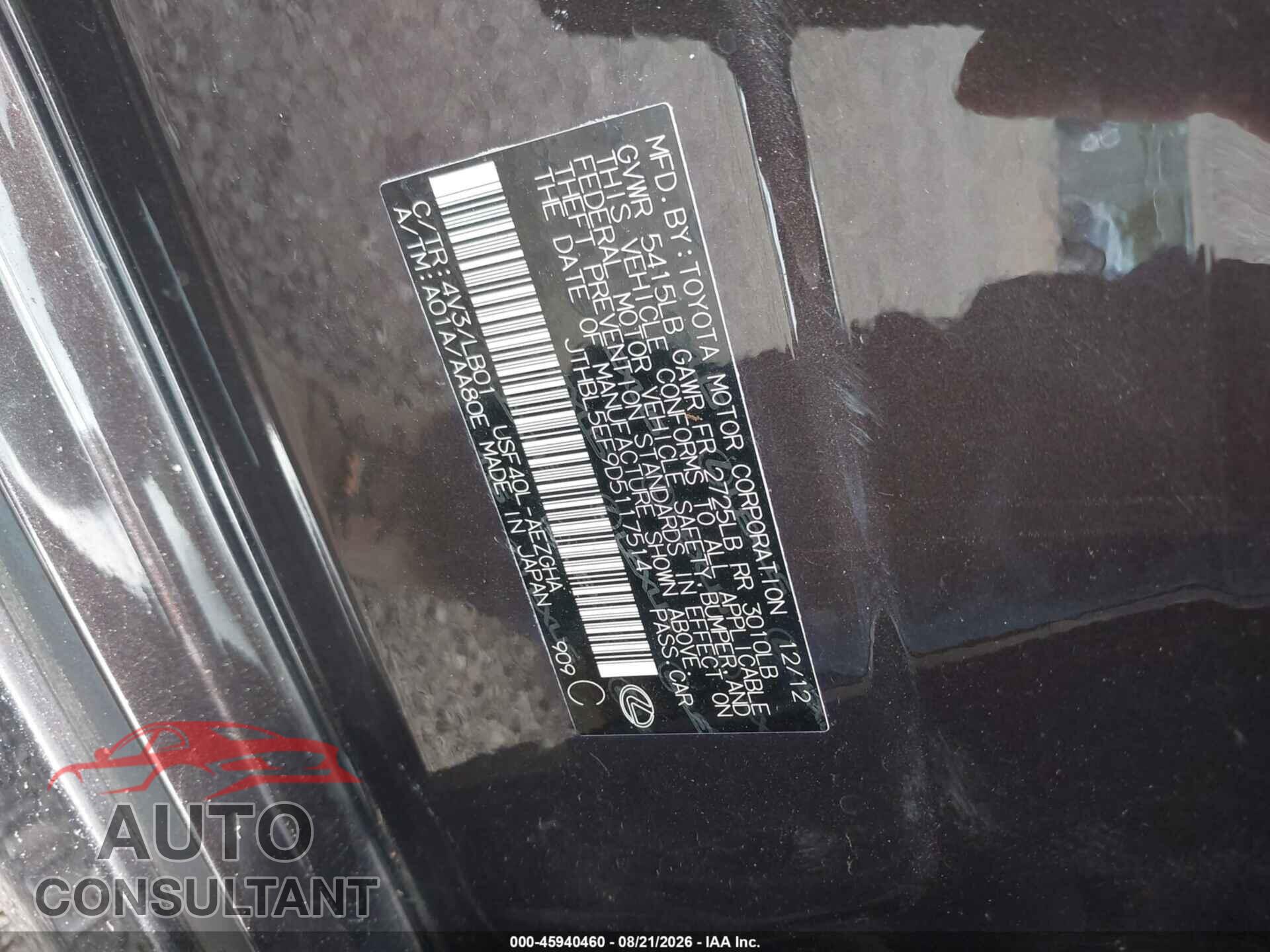 LEXUS LS 460 2013 - JTHBL5EF9D5117514