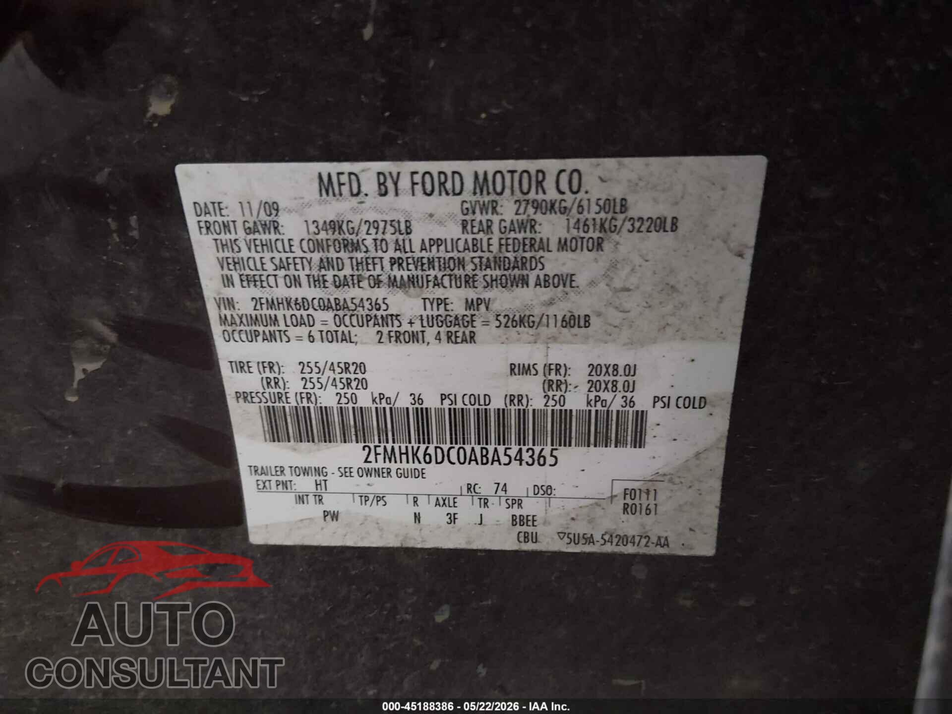 FORD FLEX 2010 - 2FMHK6DC0ABA54365