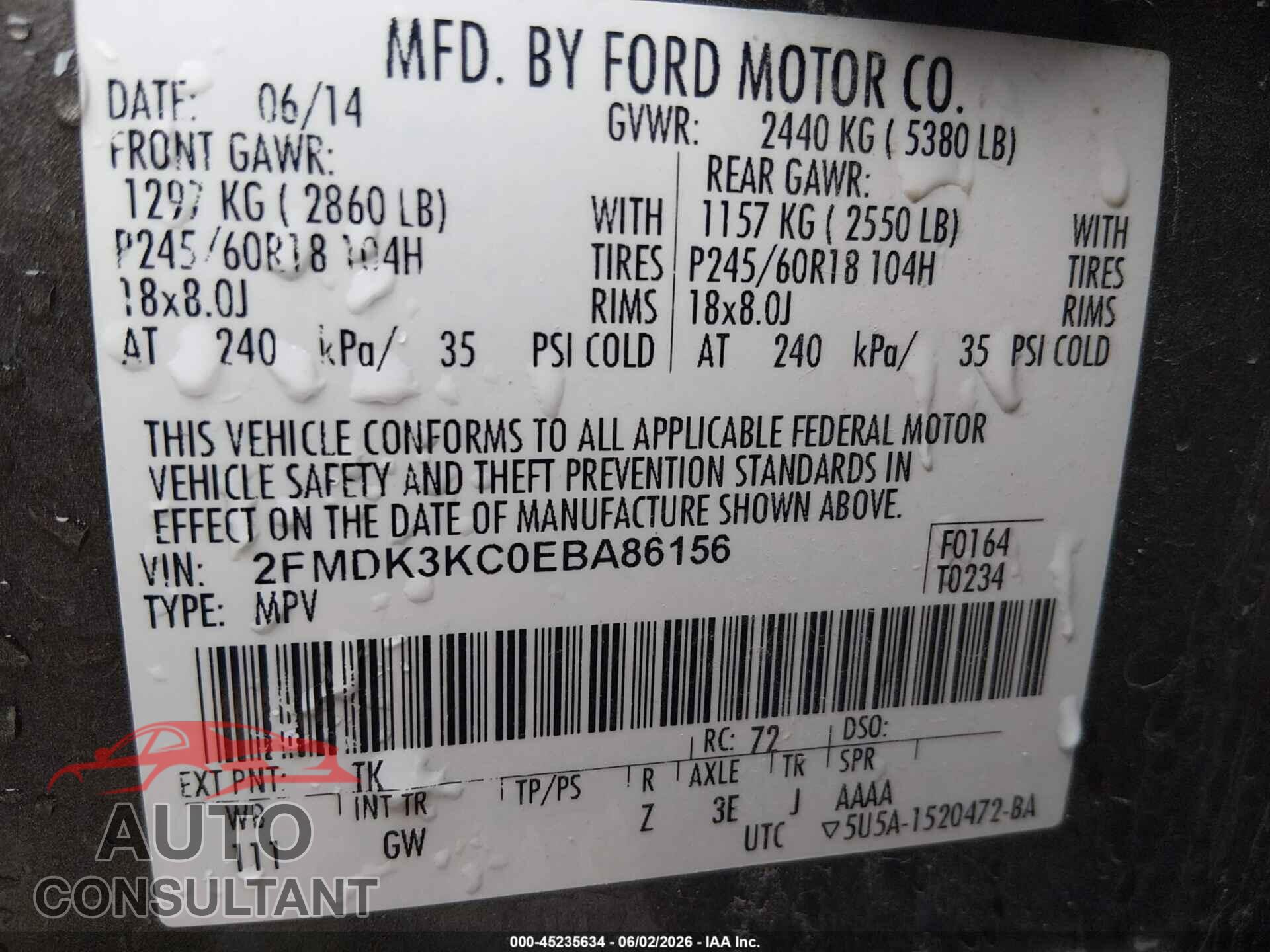 FORD EDGE 2014 - 2FMDK3KC0EBA86156