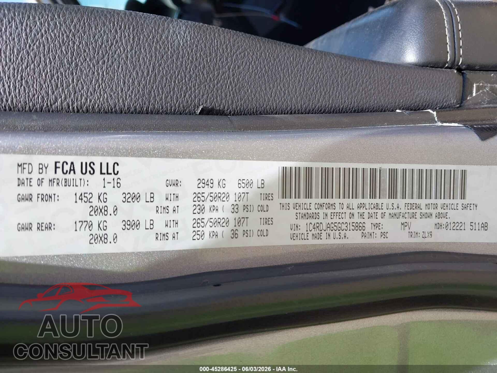 DODGE DURANGO 2016 - 1C4RDJAG5GC315866