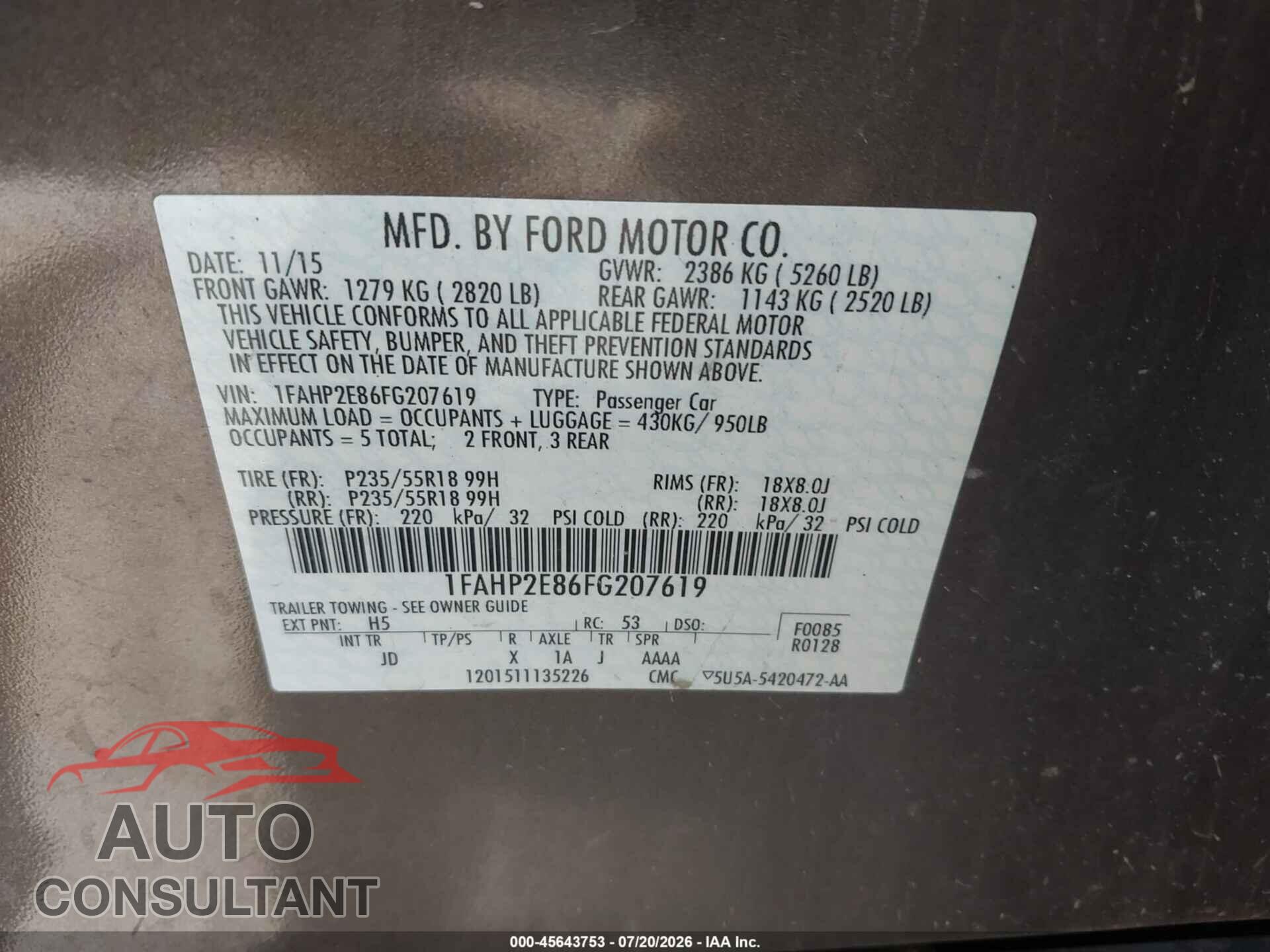 FORD TAURUS 2015 - 1FAHP2E86FG207619