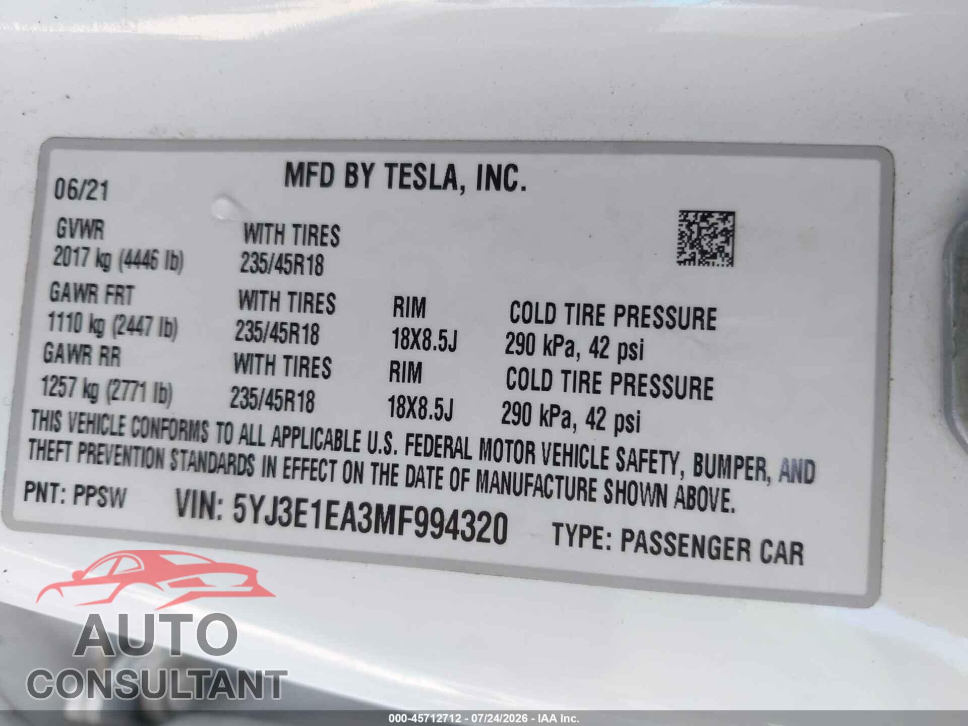 TESLA MODEL 3 2021 - 5YJ3E1EA3MF994320