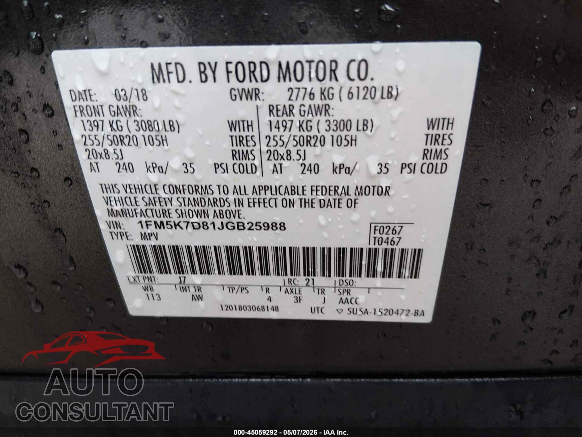 FORD EXPLORER 2018 - 1FM5K7D81JGB25988