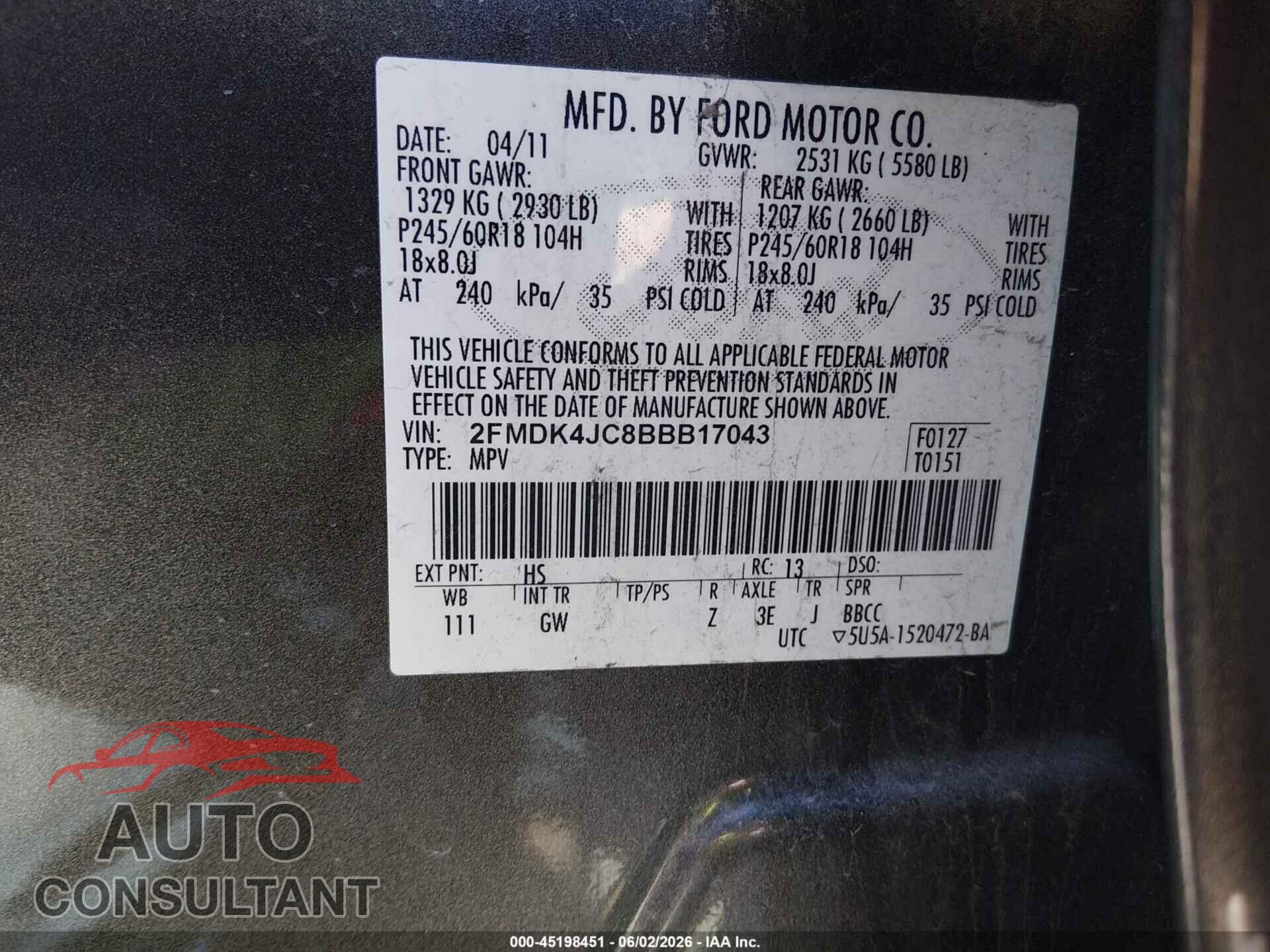 FORD EDGE 2011 - 2FMDK4JC8BBB17043