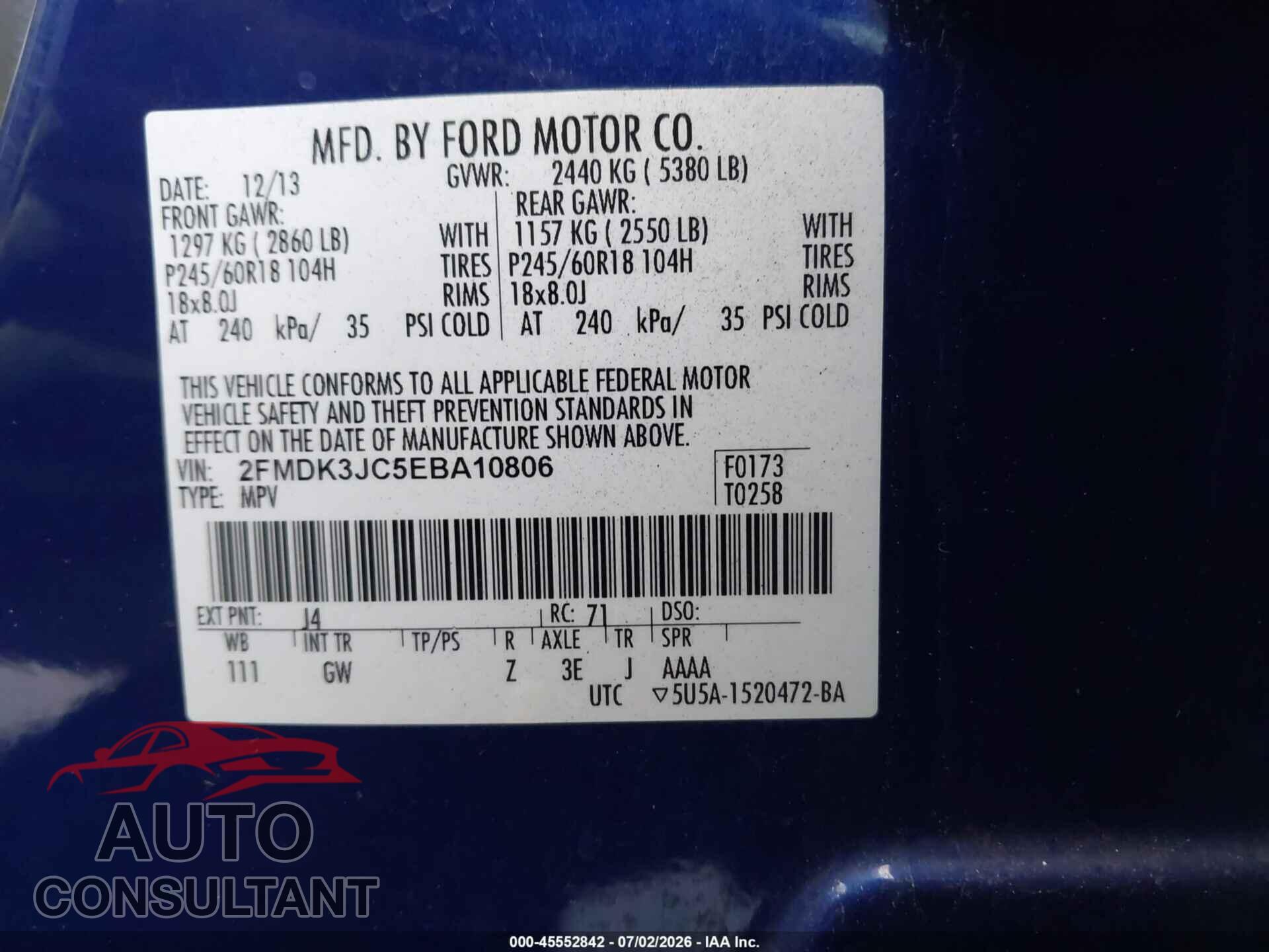 FORD EDGE 2014 - 2FMDK3JC5EBA10806