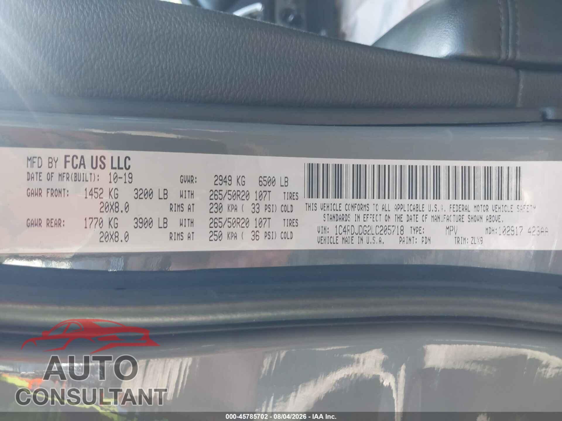 DODGE DURANGO 2020 - 1C4RDJDG2LC205718