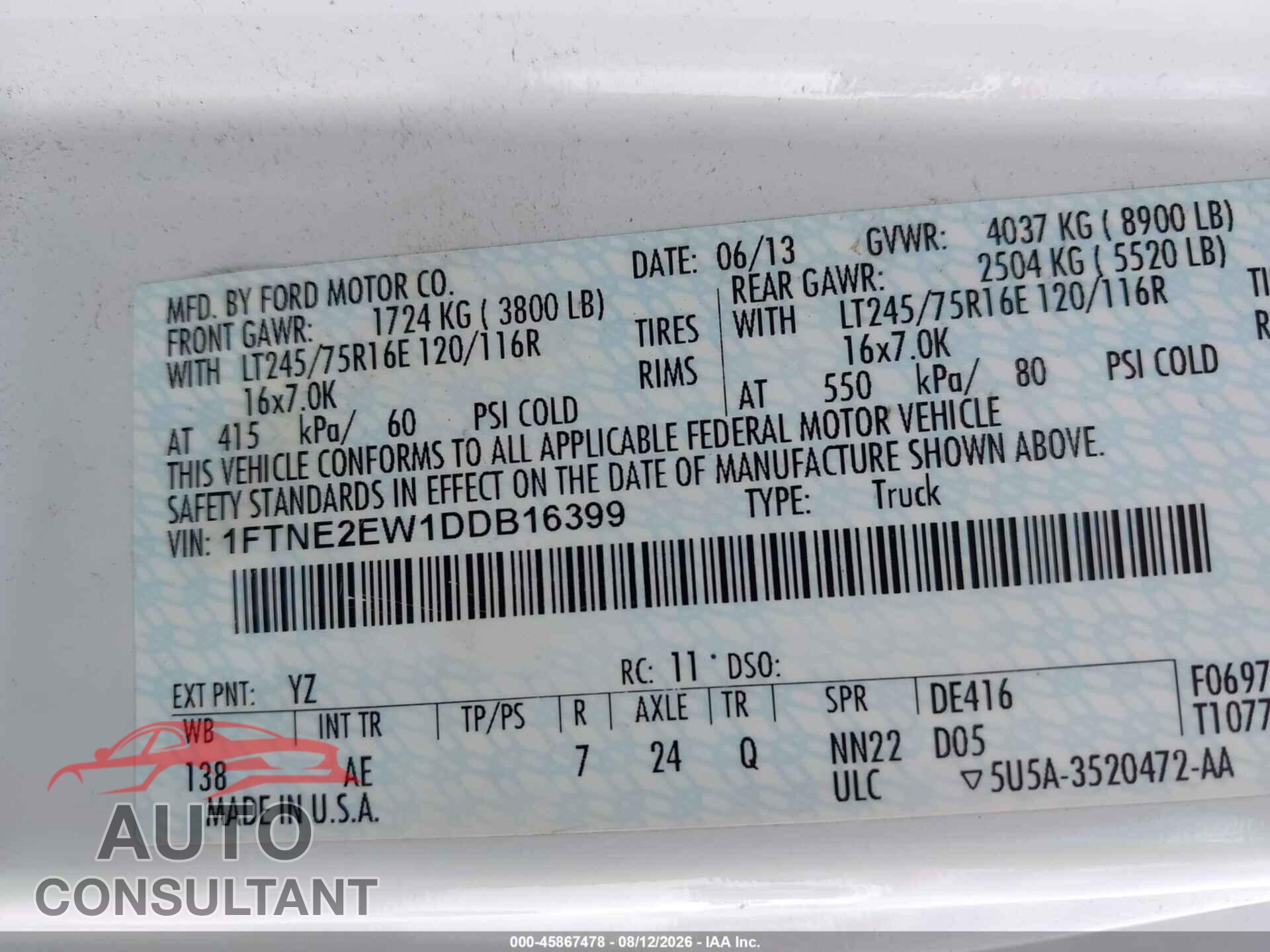 FORD E-250 2013 - 1FTNE2EW1DDB16399