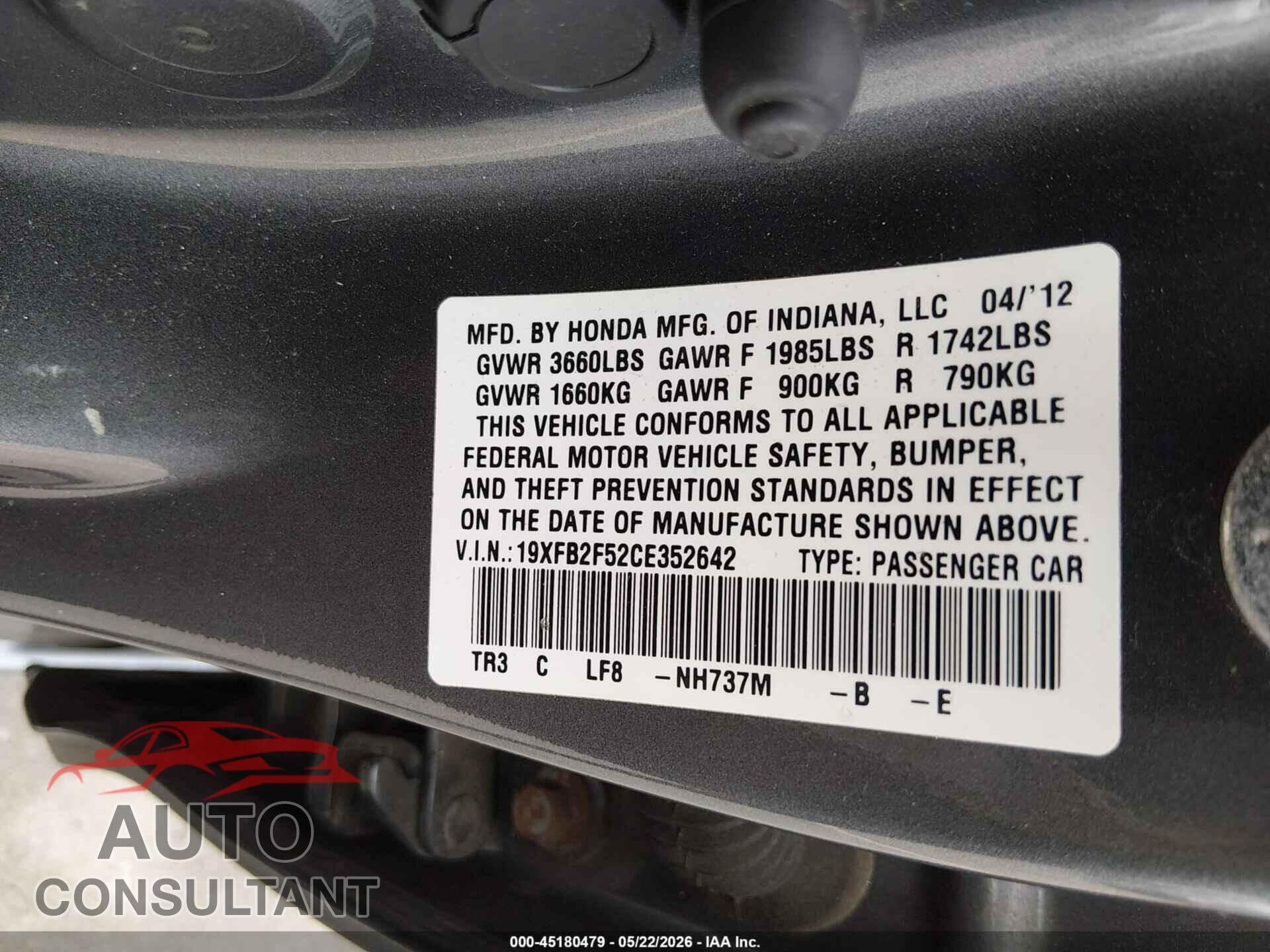 HONDA CIVIC 2012 - 19XFB2F52CE352642