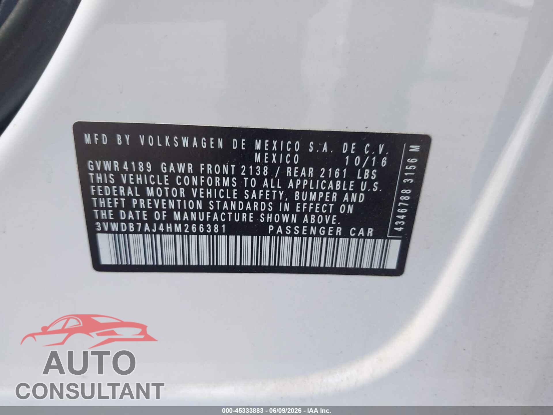 VOLKSWAGEN JETTA 2017 - 3VWDB7AJ4HM266381