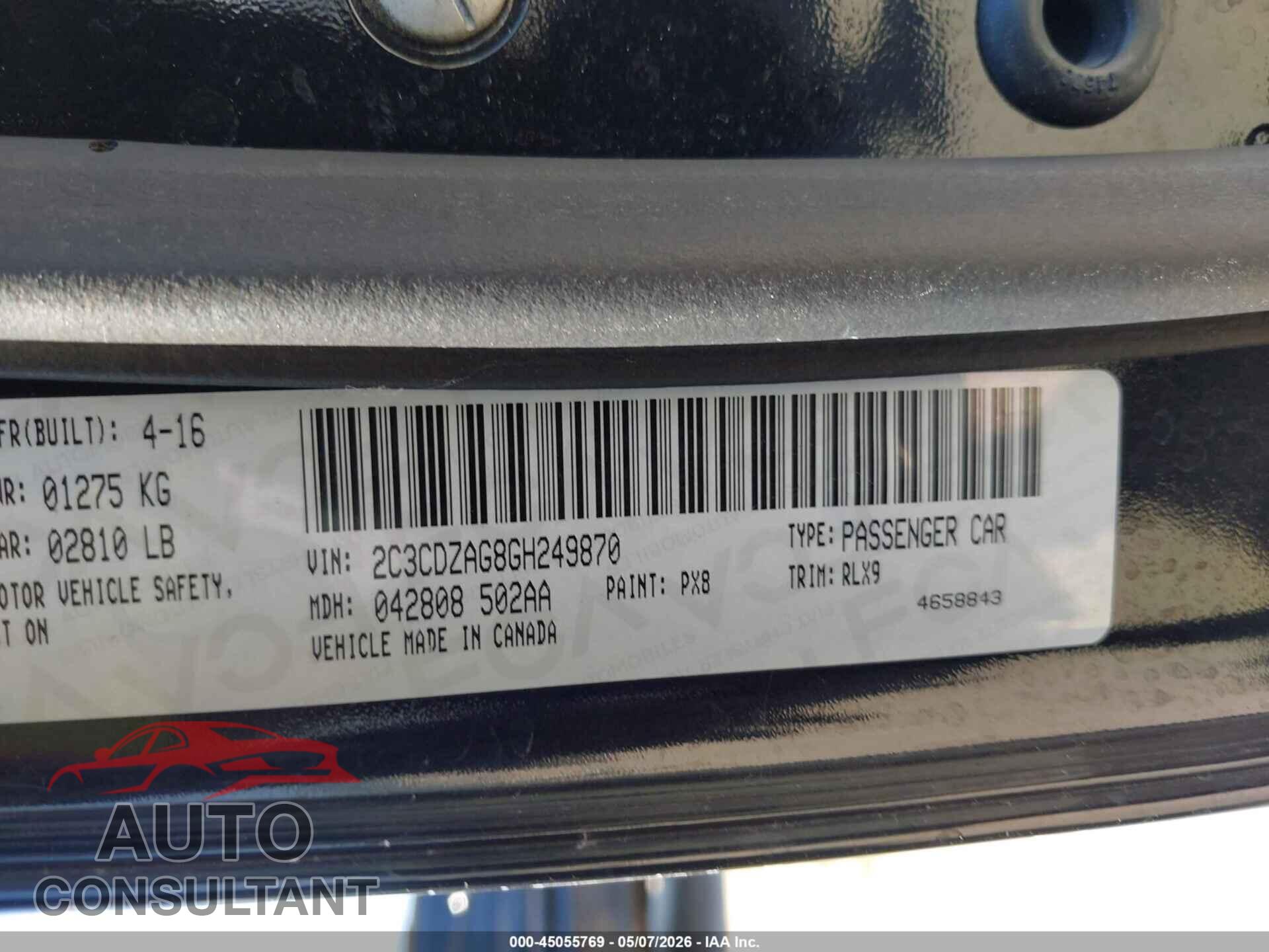 DODGE CHALLENGER 2016 - 2C3CDZAG8GH249870
