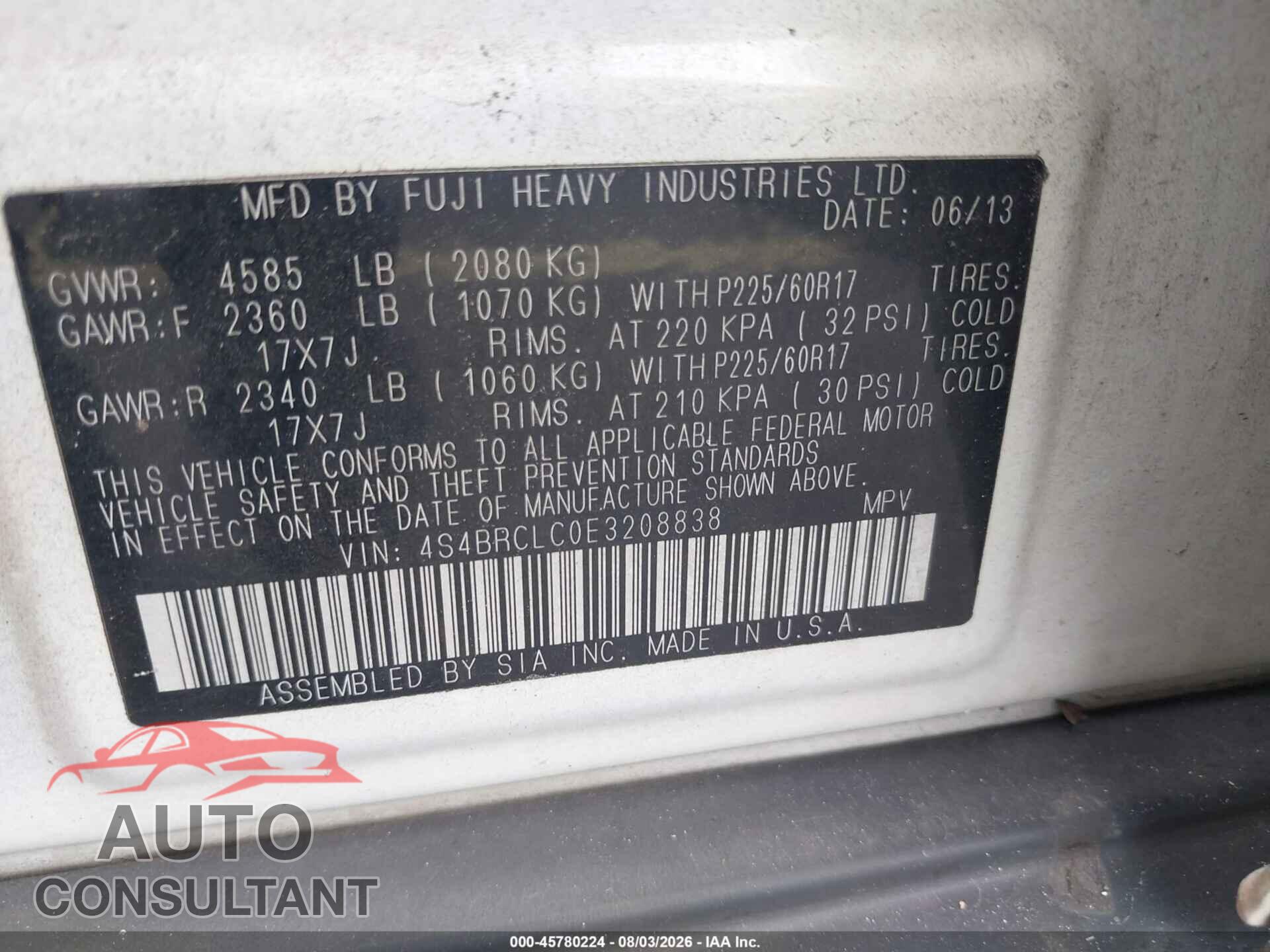 SUBARU OUTBACK 2014 - 4S4BRCLC0E3208838