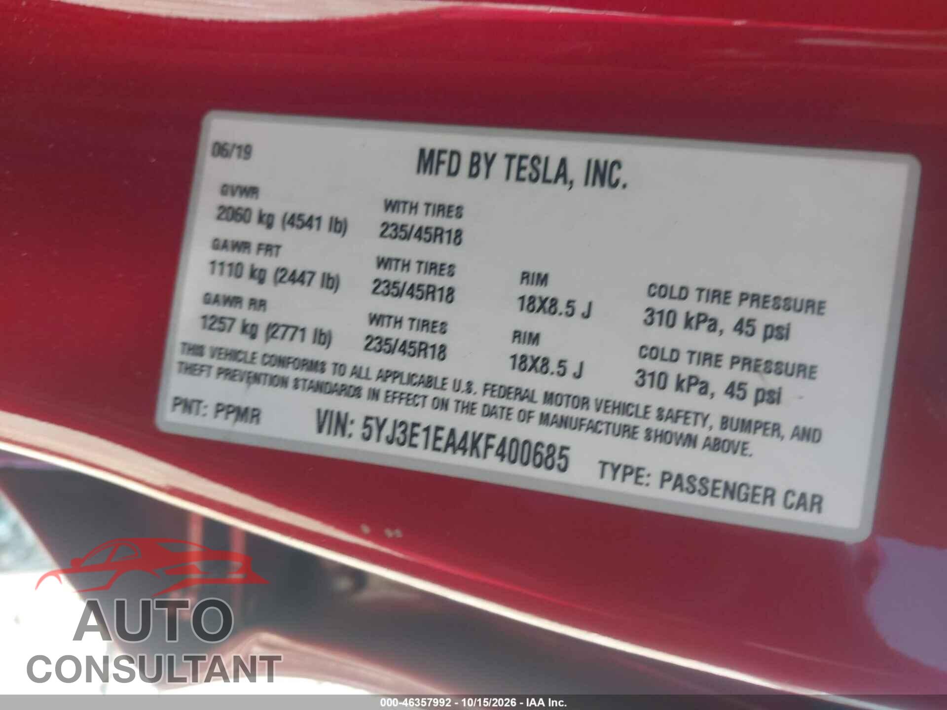 TESLA MODEL 3 2019 - 5YJ3E1EA4KF400685