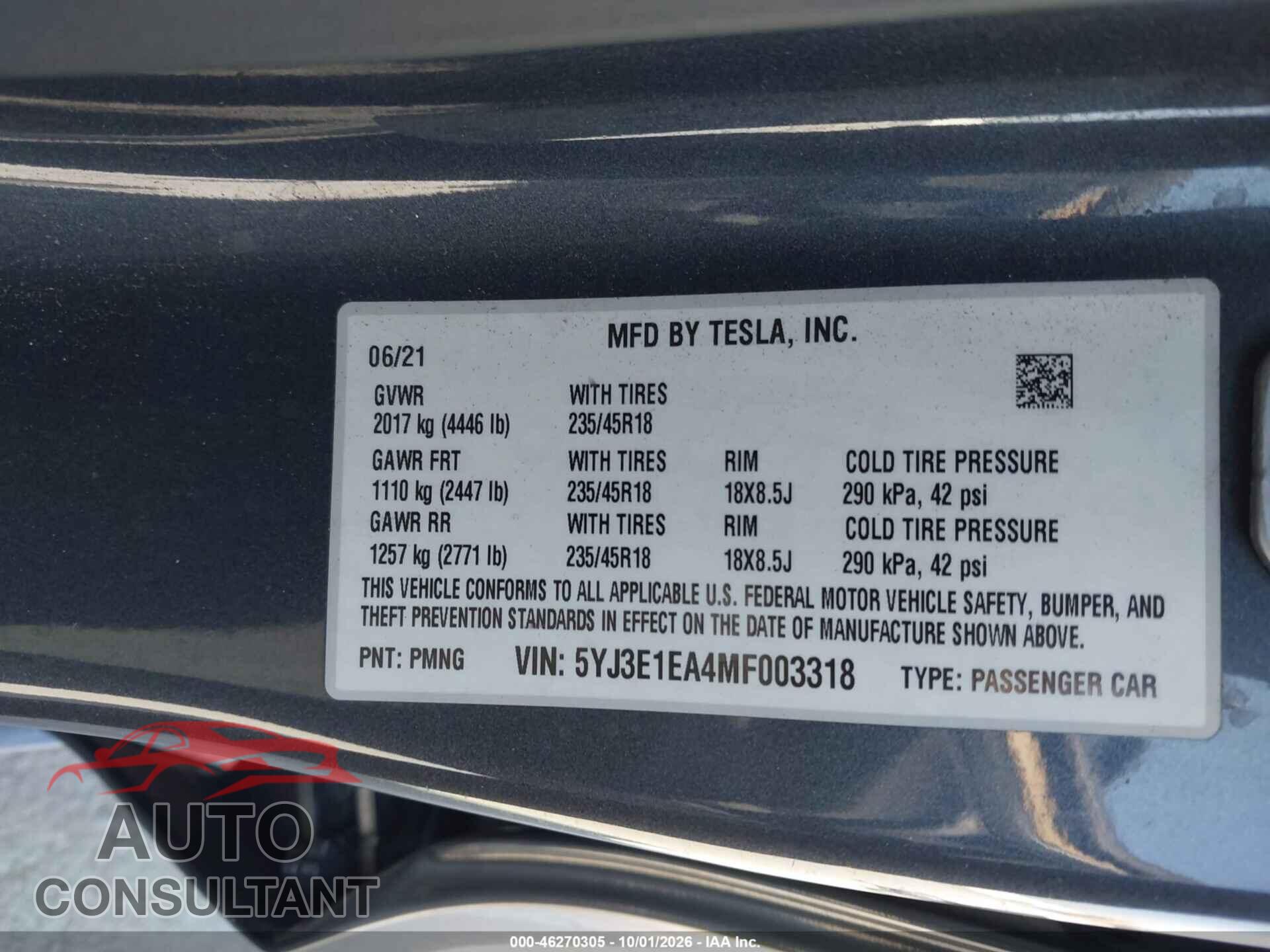 TESLA MODEL 3 2021 - 5YJ3E1EA4MF003318