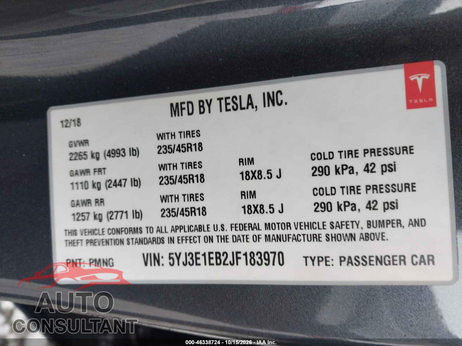 TESLA MODEL 3 2018 - 5YJ3E1EB2JF183970
