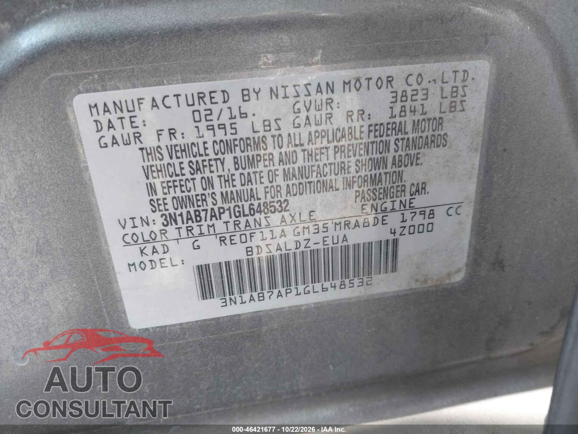 NISSAN SENTRA 2016 - 3N1AB7AP1GL648532