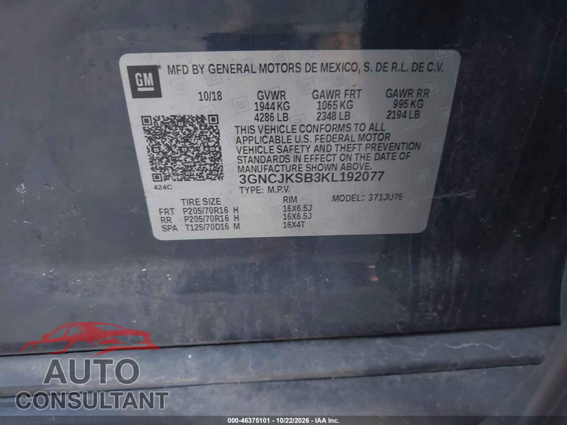 CHEVROLET TRAX 2019 - 3GNCJKSB3KL192077