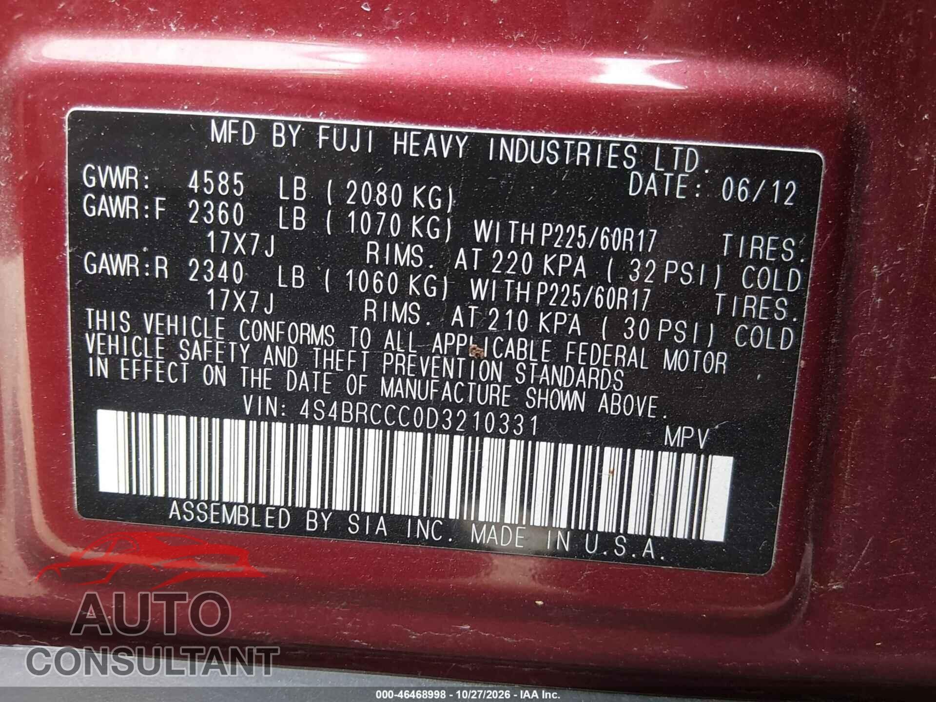 SUBARU OUTBACK 2013 - 4S4BRCCC0D3210331