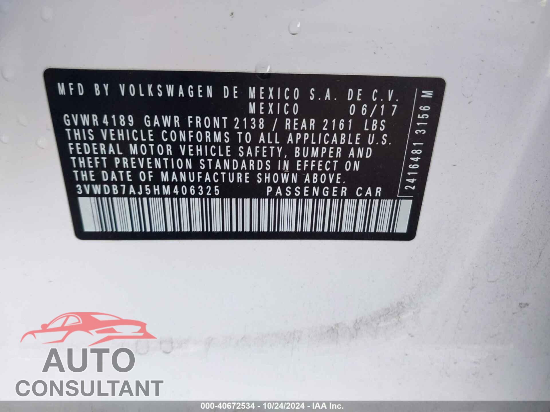 VOLKSWAGEN JETTA 2017 - 3VWDB7AJ5HM406325