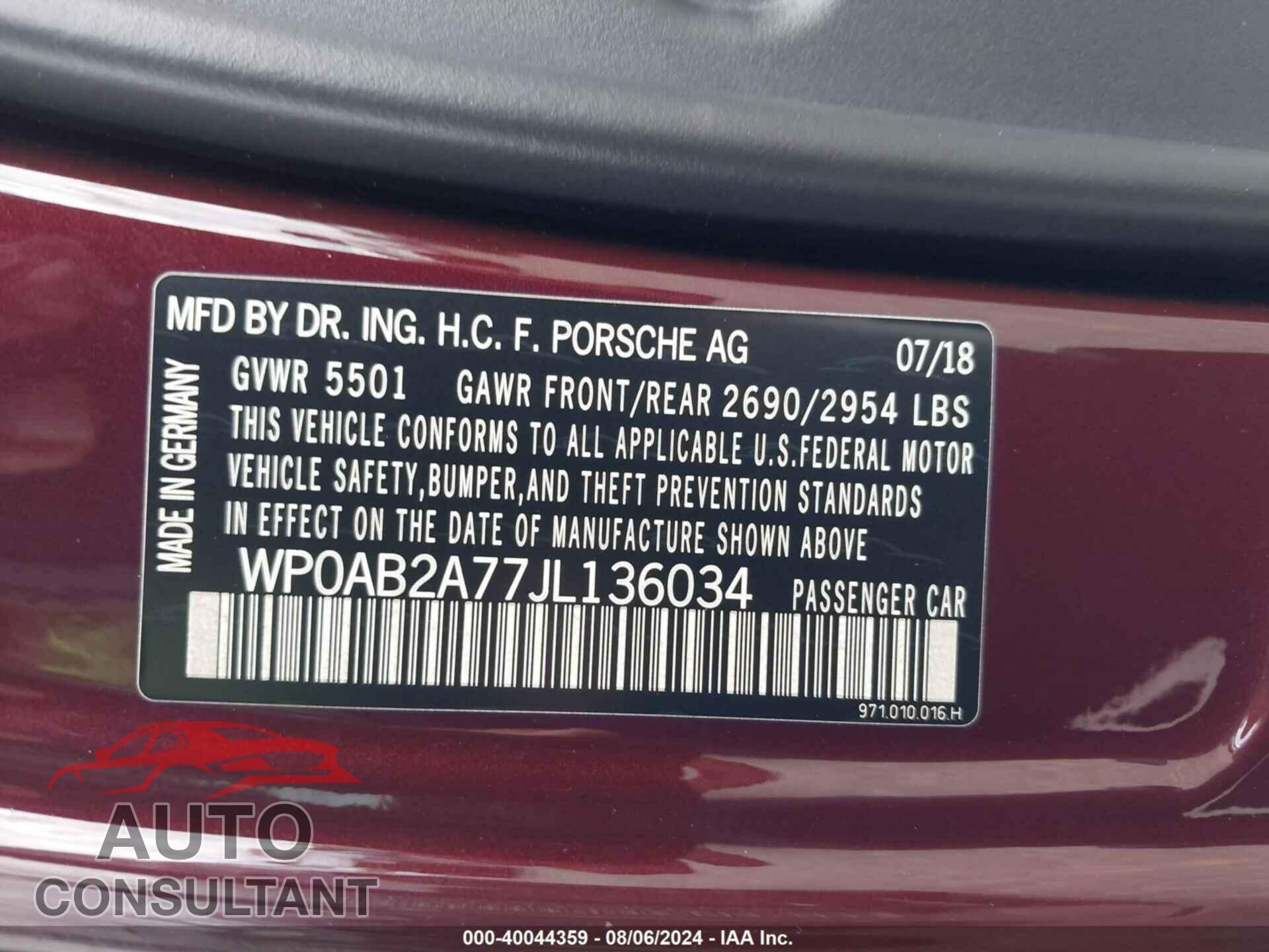 PORSCHE PANAMERA 2018 - WP0AB2A77JL136034
