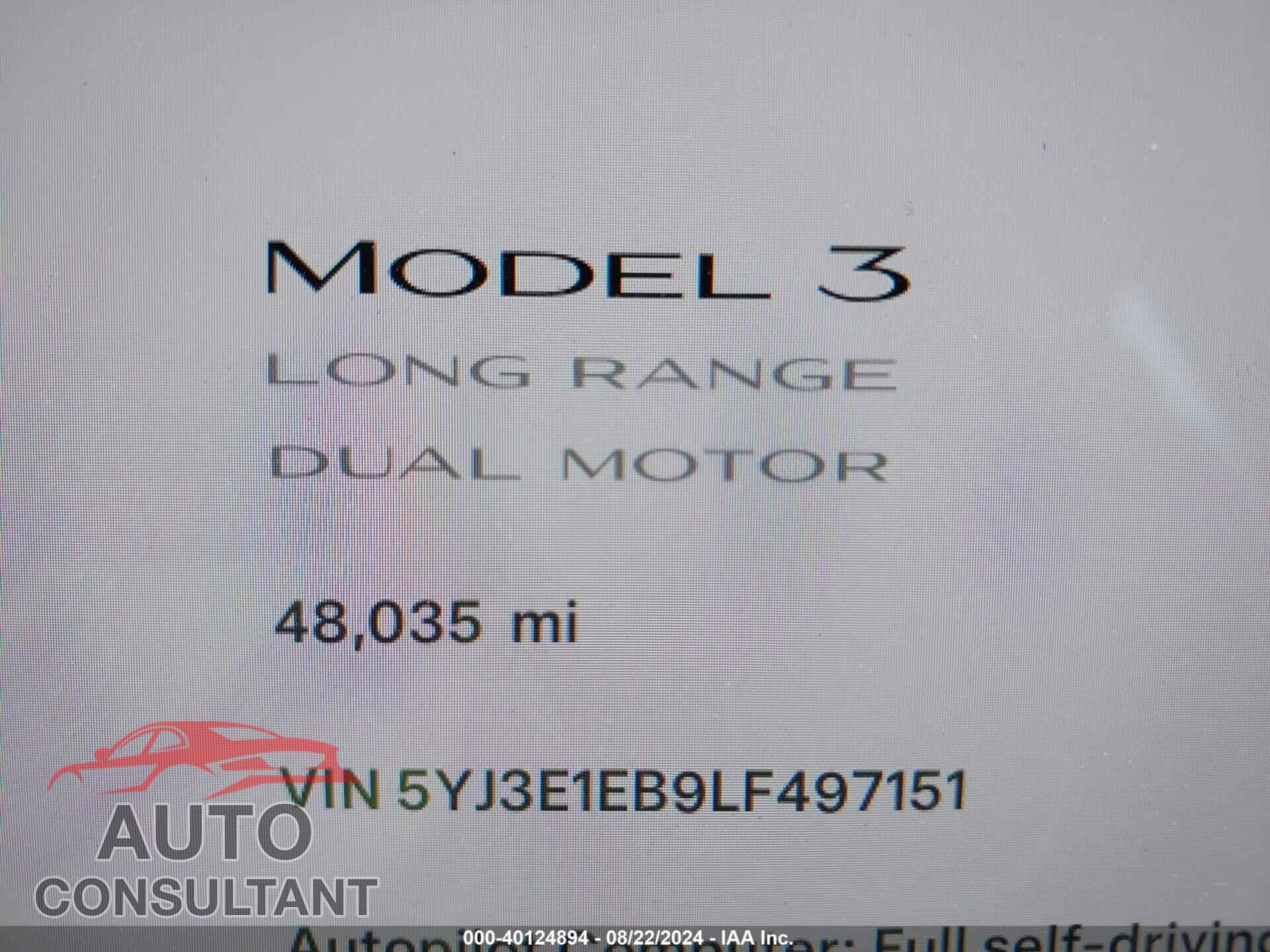TESLA MODEL 3 2020 - 5YJ3E1EB9LF497151