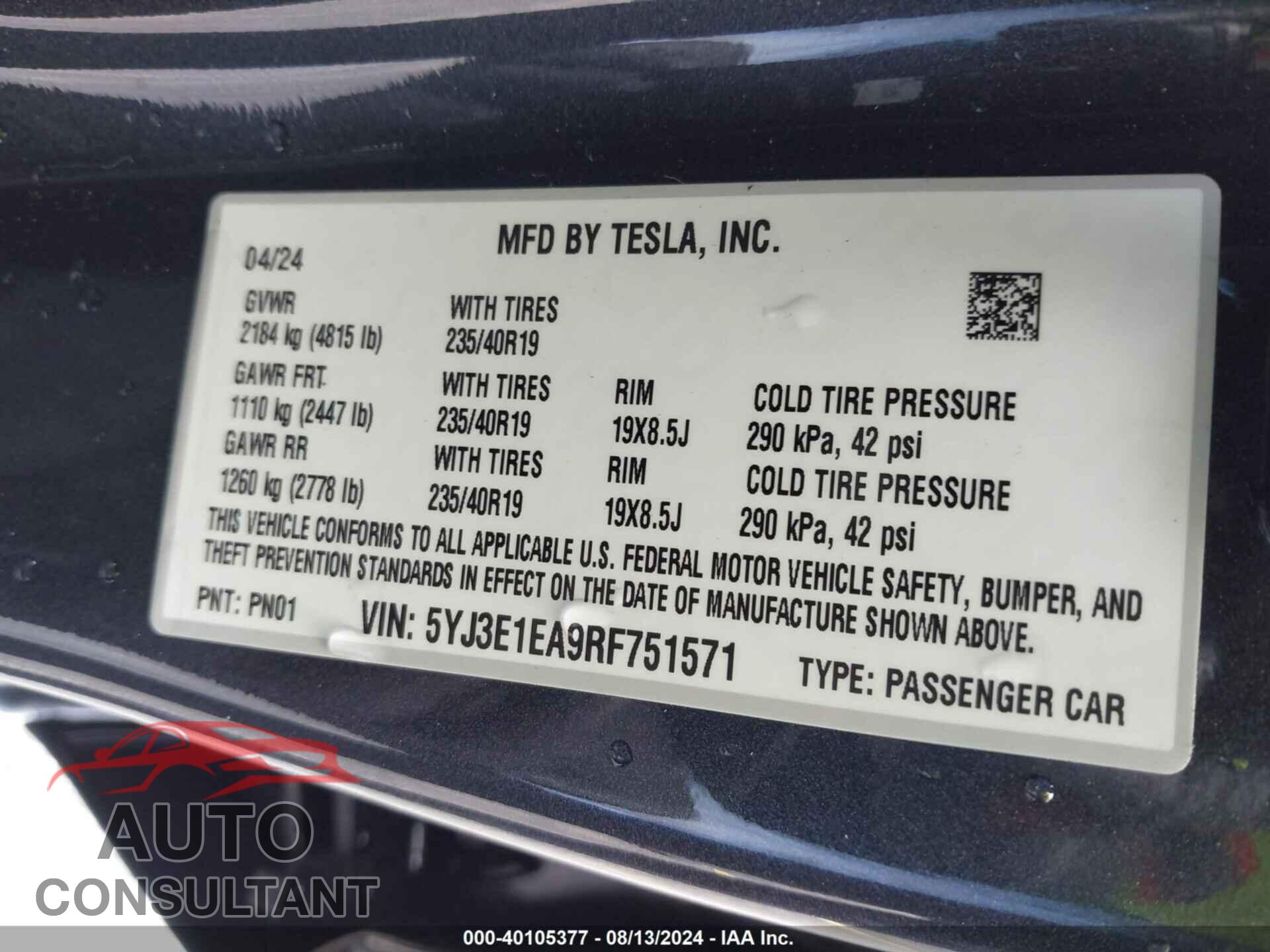 TESLA MODEL 3 2024 - 5YJ3E1EA9RF751571