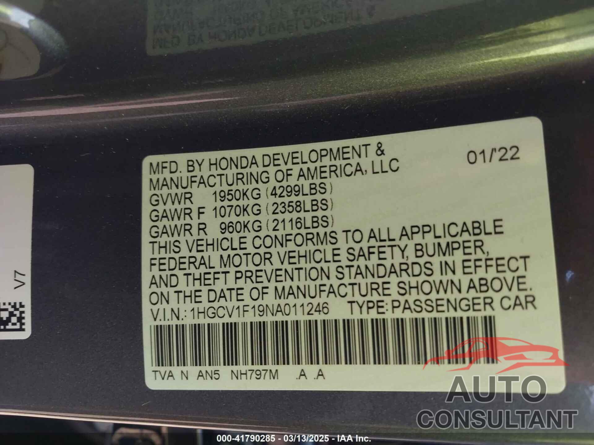 HONDA ACCORD 2022 - 1HGCV1F19NA011246
