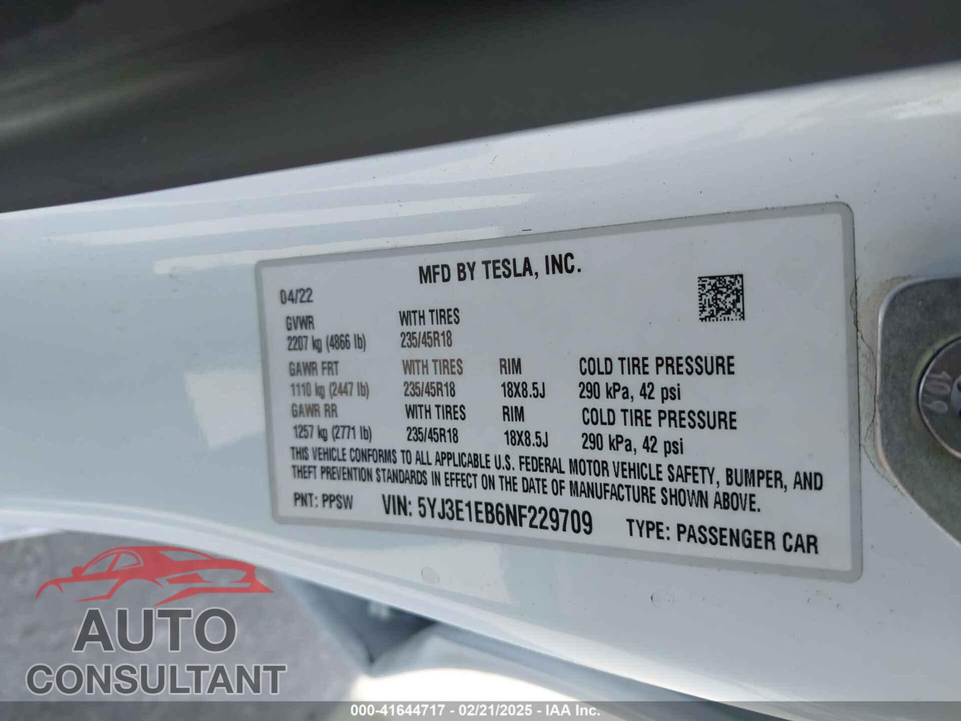 TESLA MODEL 3 2022 - 5YJ3E1EB6NF229709