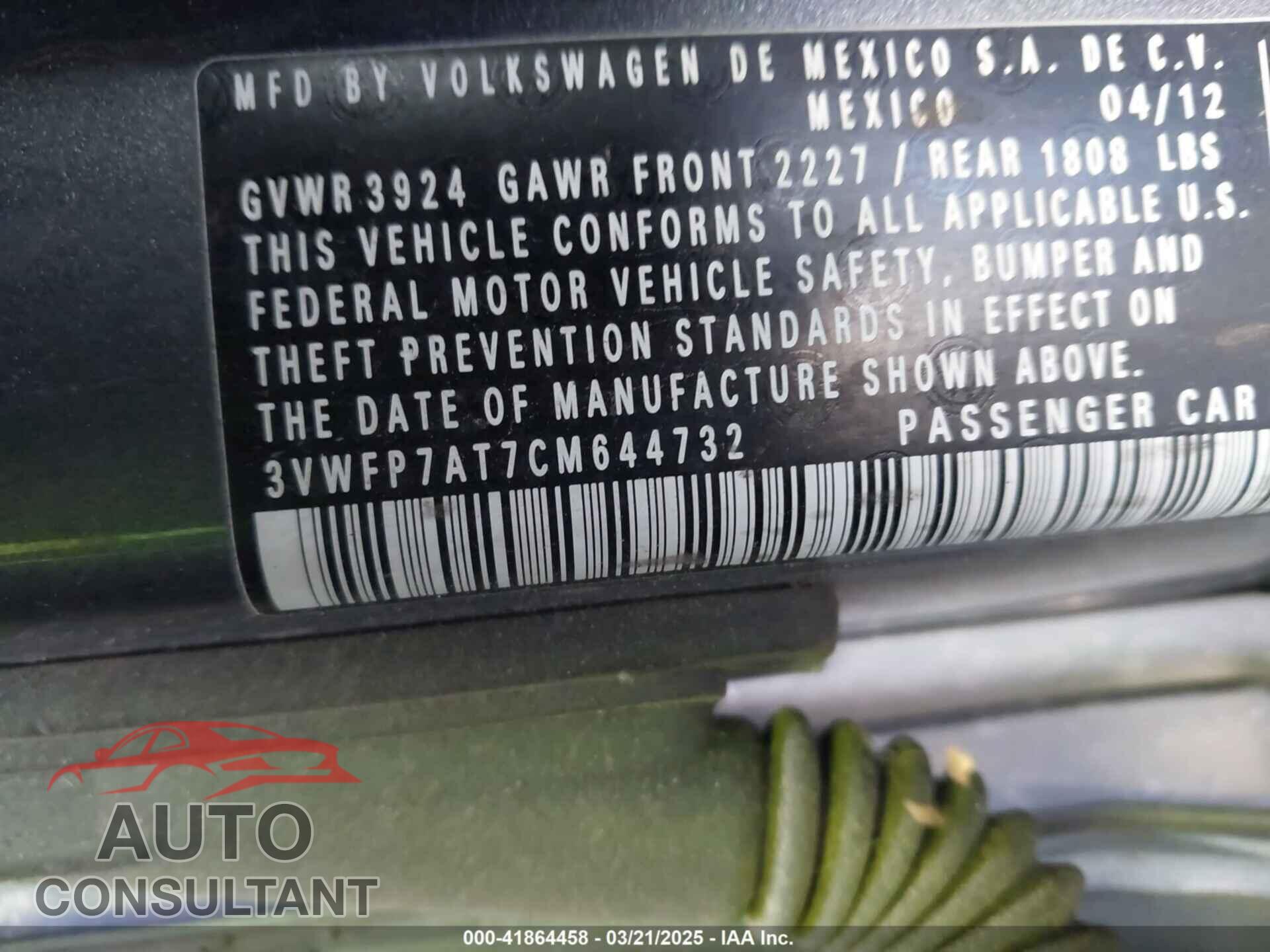 VOLKSWAGEN BEETLE 2012 - 3VWFP7AT7CM644732