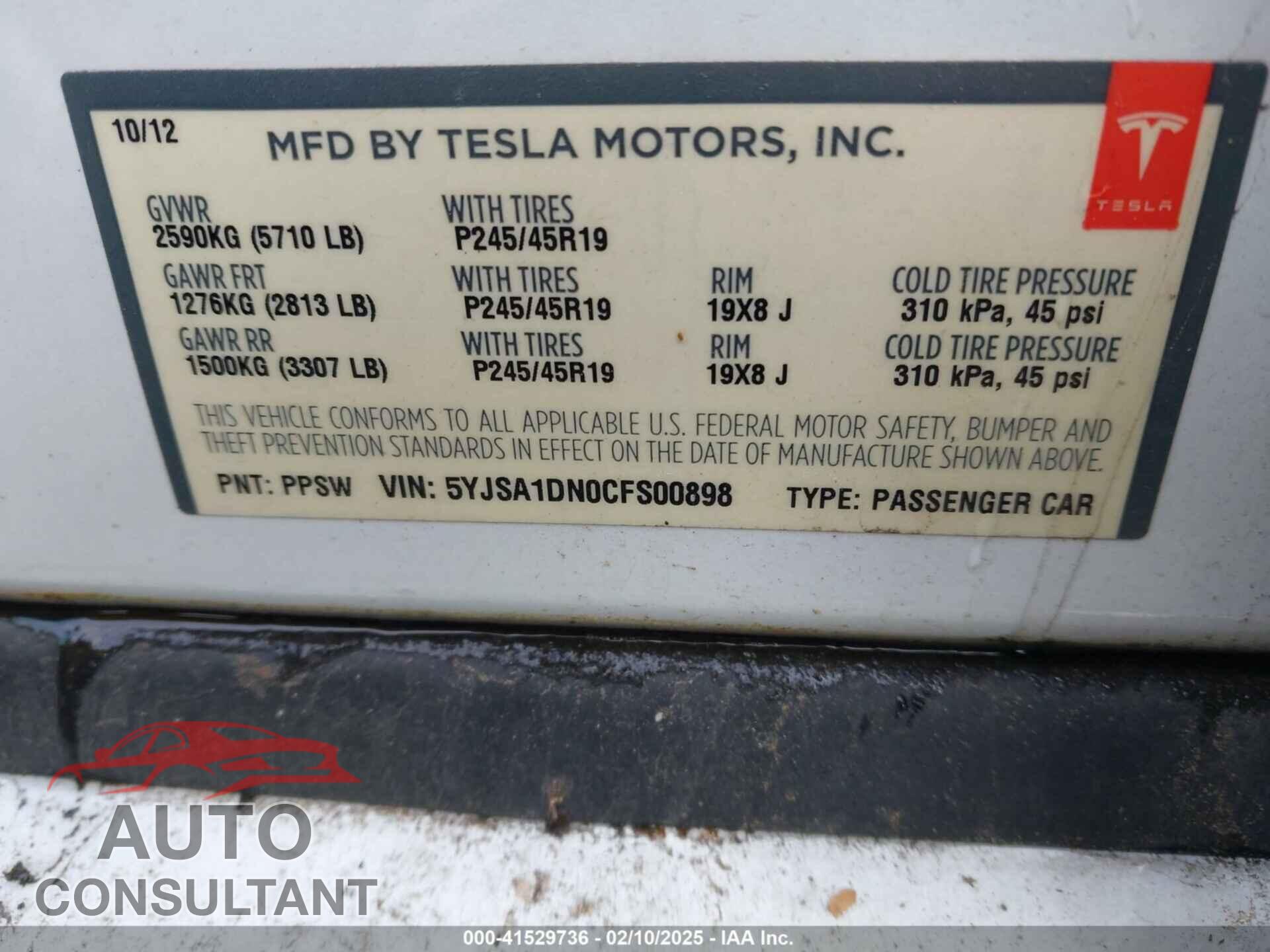TESLA MODEL S 2012 - 5YJSA1DN0CFS00898