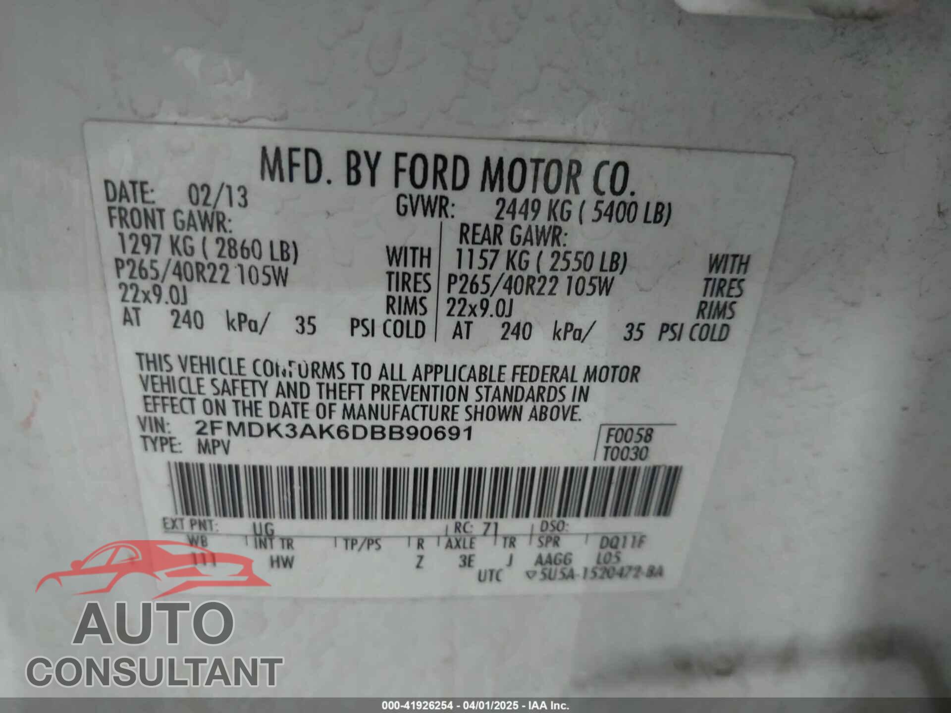 FORD EDGE 2013 - 2FMDK3AK6DBB90691