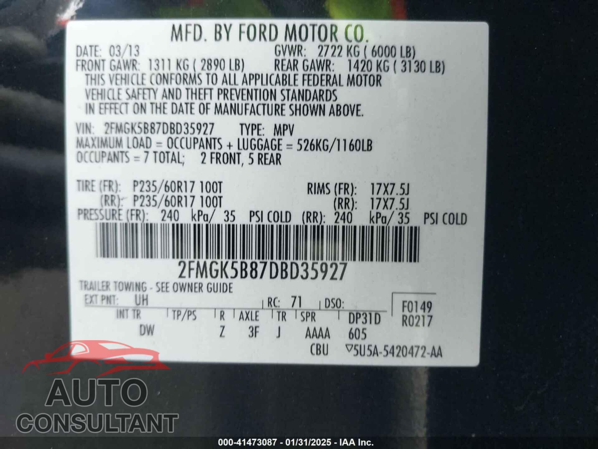 FORD FLEX 2013 - 2FMGK5B87DBD35927