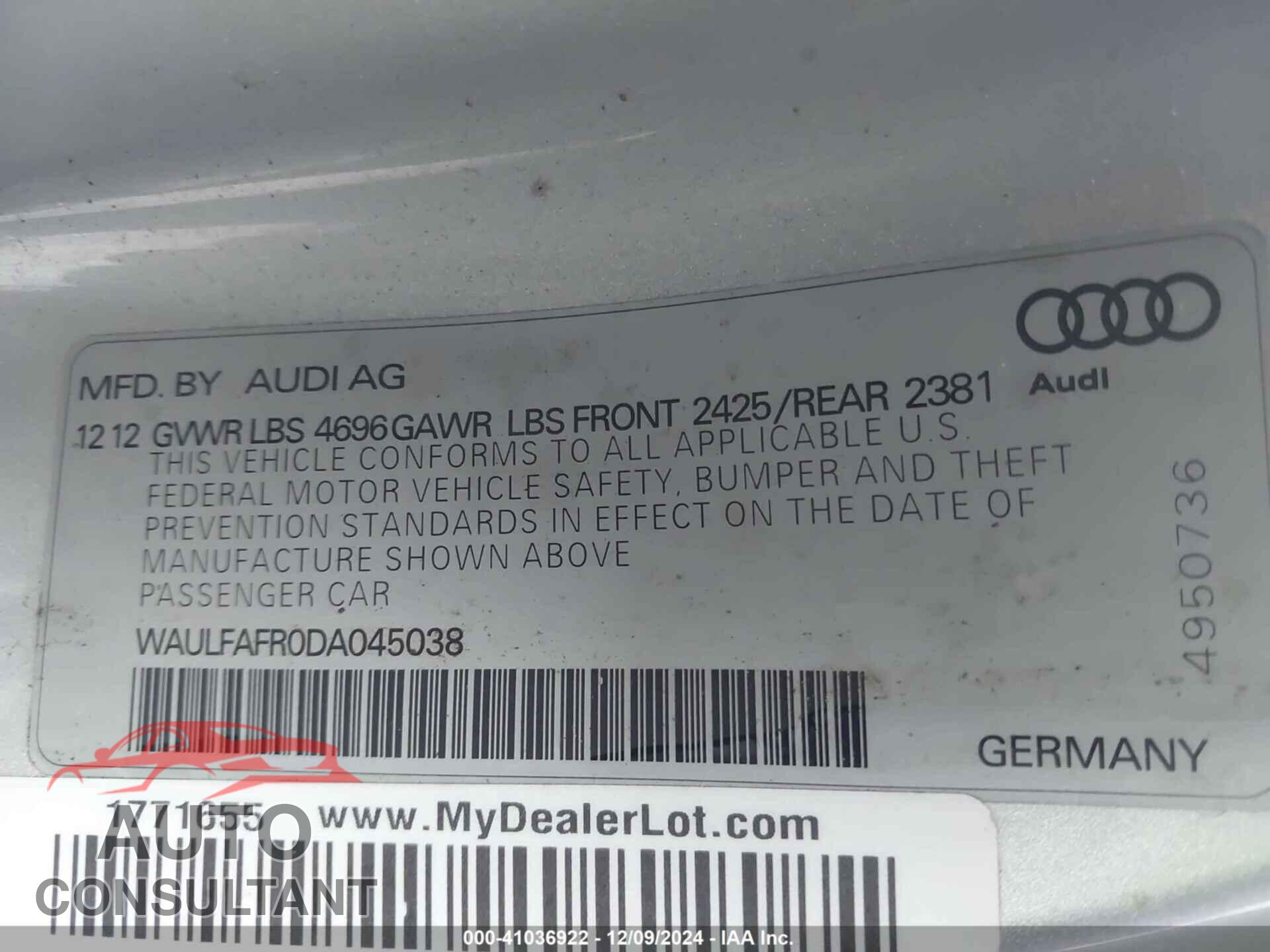 AUDI A5 2013 - WAULFAFR0DA045038