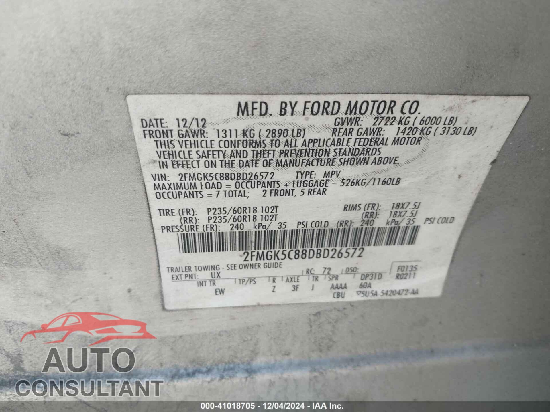 FORD FLEX 2013 - 2FMGK5C88DBD26572