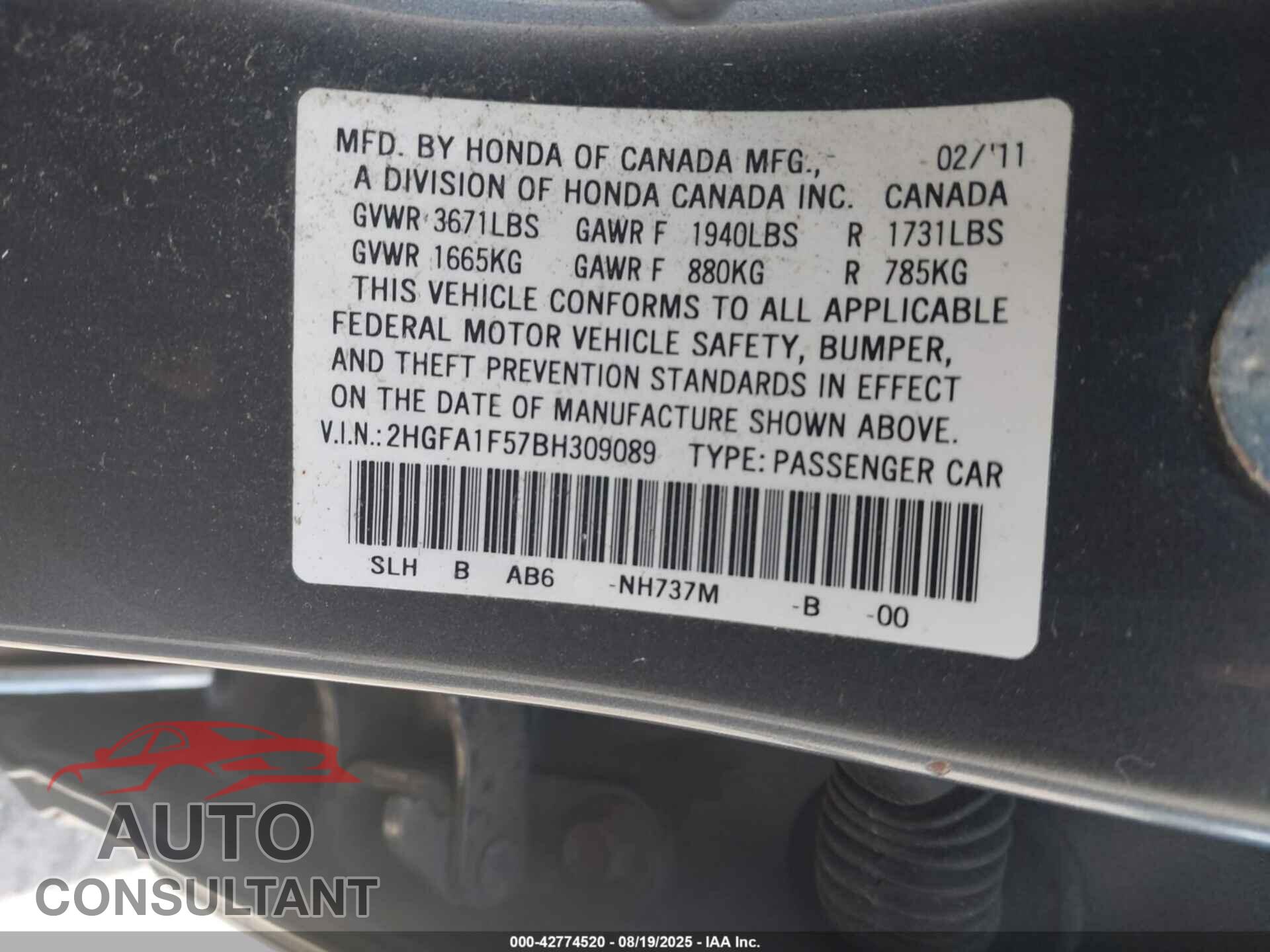 HONDA CIVIC 2011 - 2HGFA1F57BH309089
