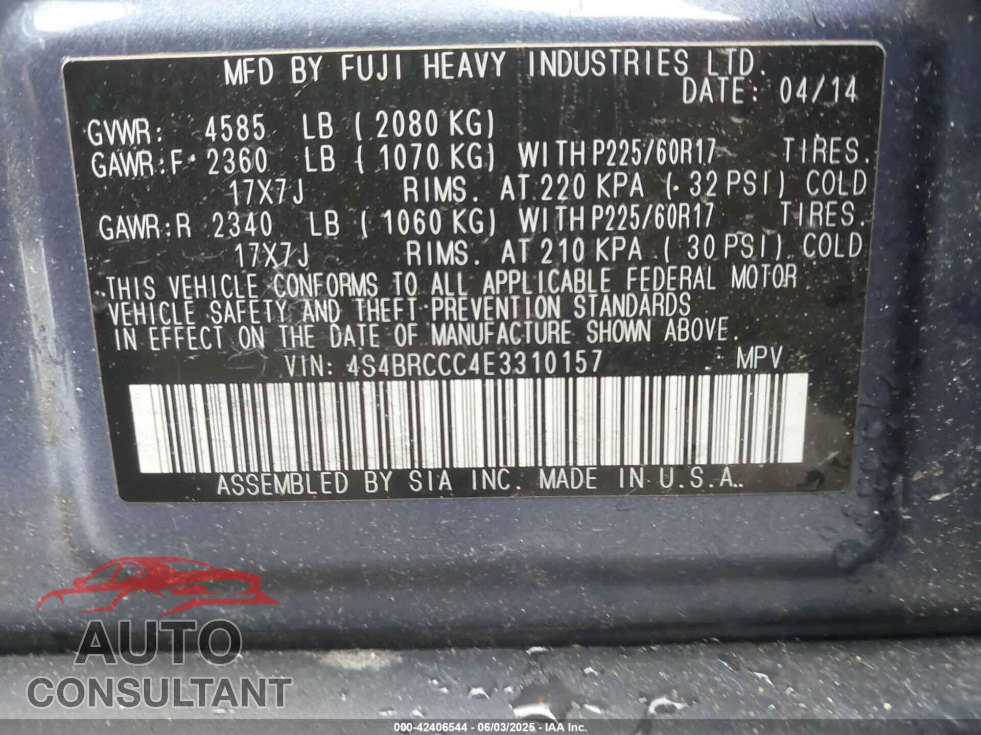 SUBARU OUTBACK 2014 - 4S4BRCCC4E3310157