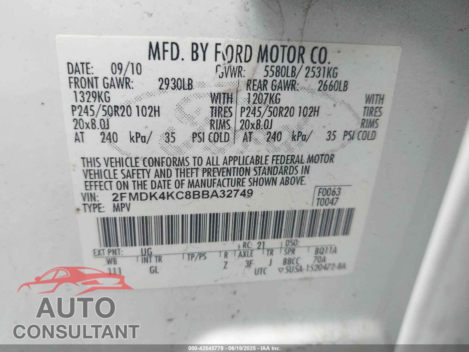 FORD EDGE 2011 - 2FMDK4KC8BBA32749