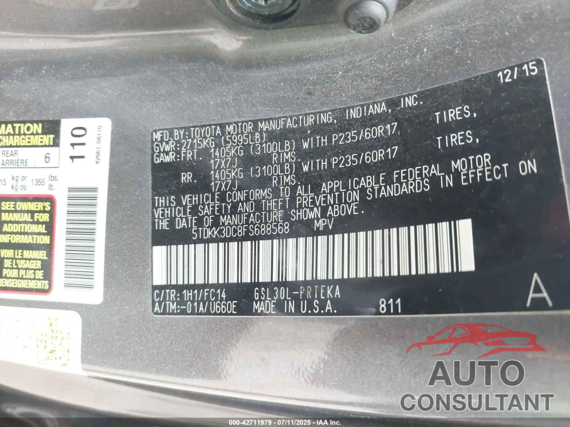 TOYOTA SIENNA 2015 - 5TDKK3DC8FS688568