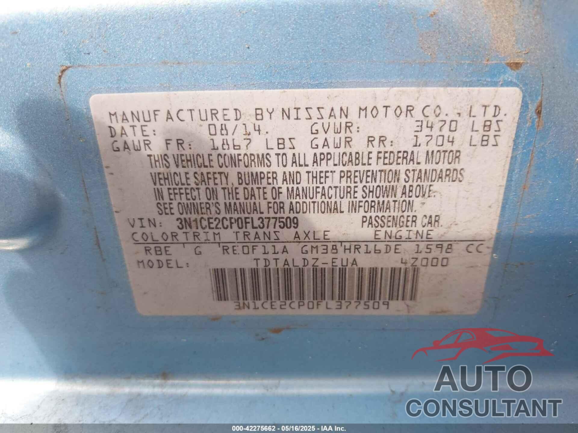 NISSAN VERSA NOTE 2015 - 3N1CE2CP0FL377509