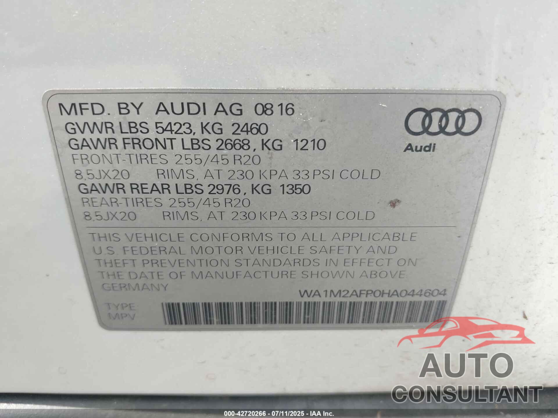 AUDI Q5 2017 - WA1M2AFP0HA044604