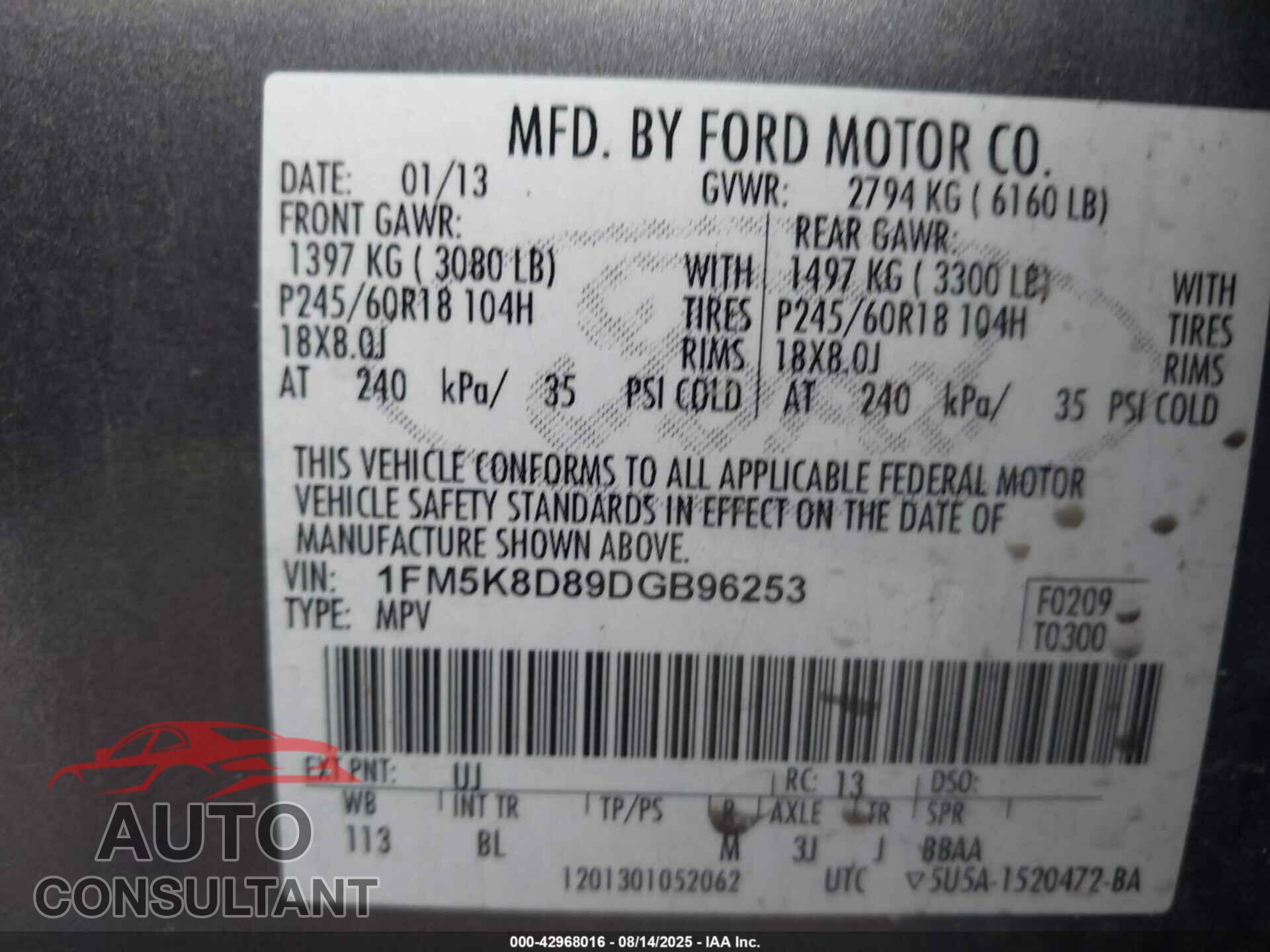FORD EXPLORER 2013 - 1FM5K8D89DGB96253