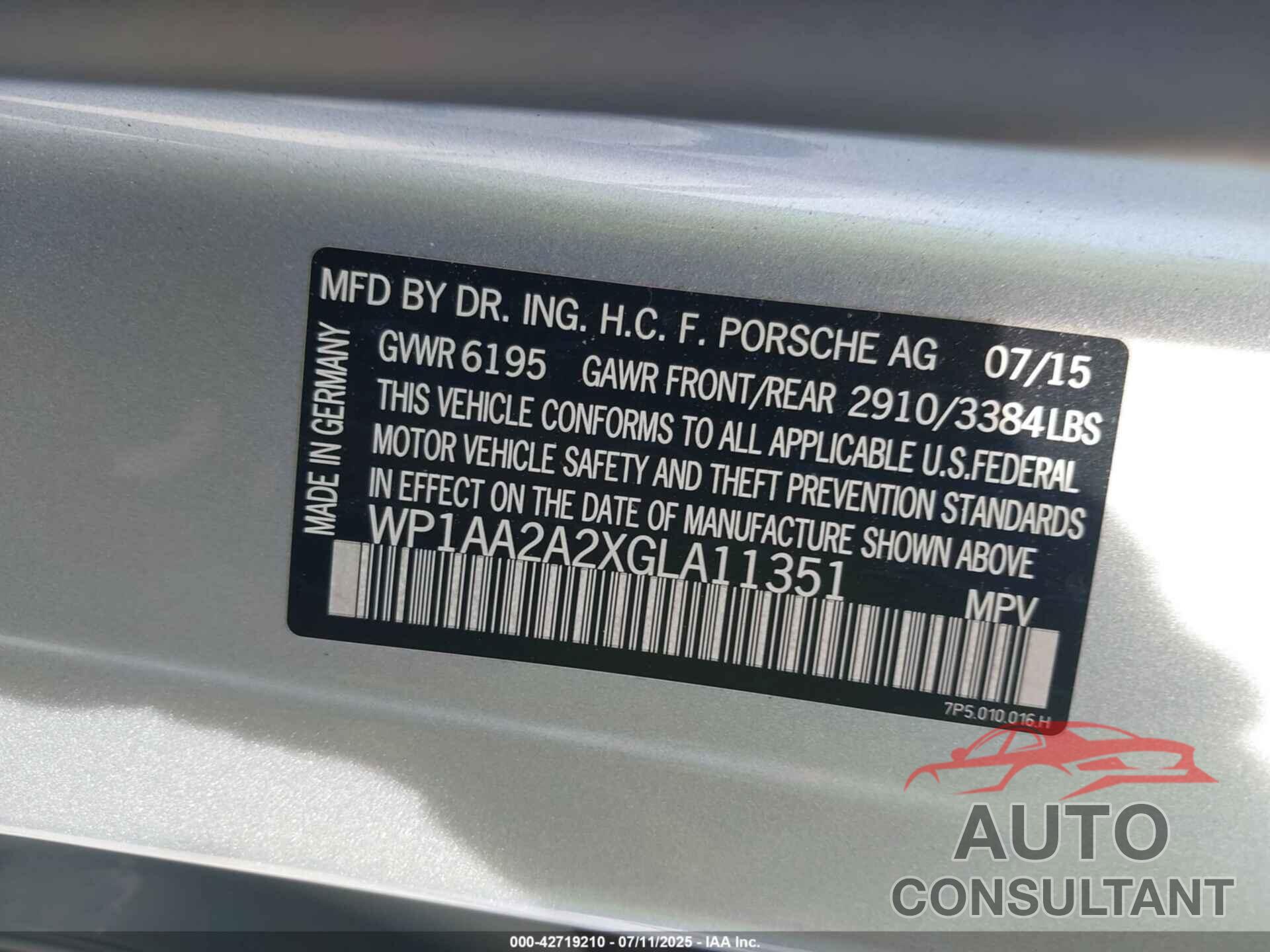 PORSCHE CAYENNE 2016 - WP1AA2A2XGLA11351