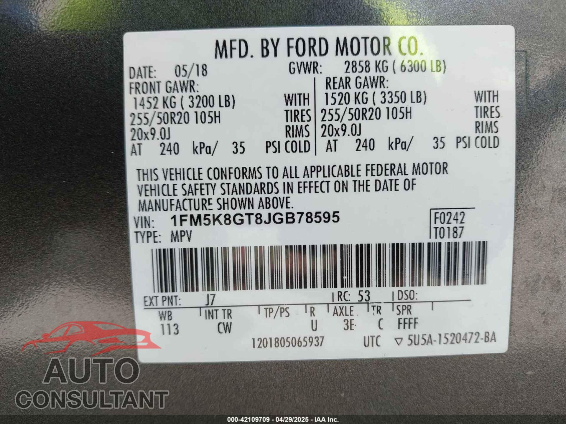 FORD EXPLORER 2018 - 1FM5K8GT8JGB78595