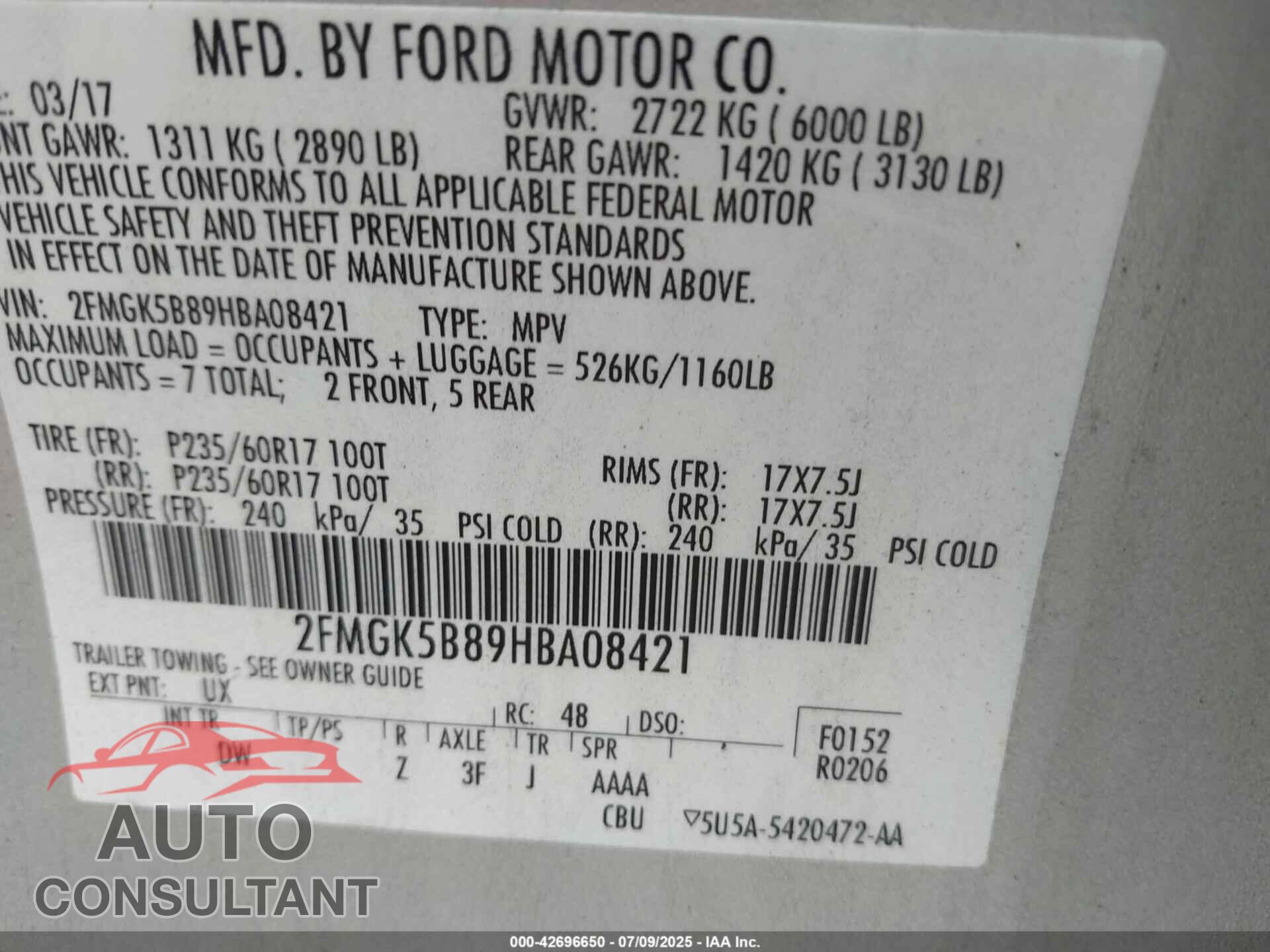 FORD FLEX 2017 - 2FMGK5B89HBA08421