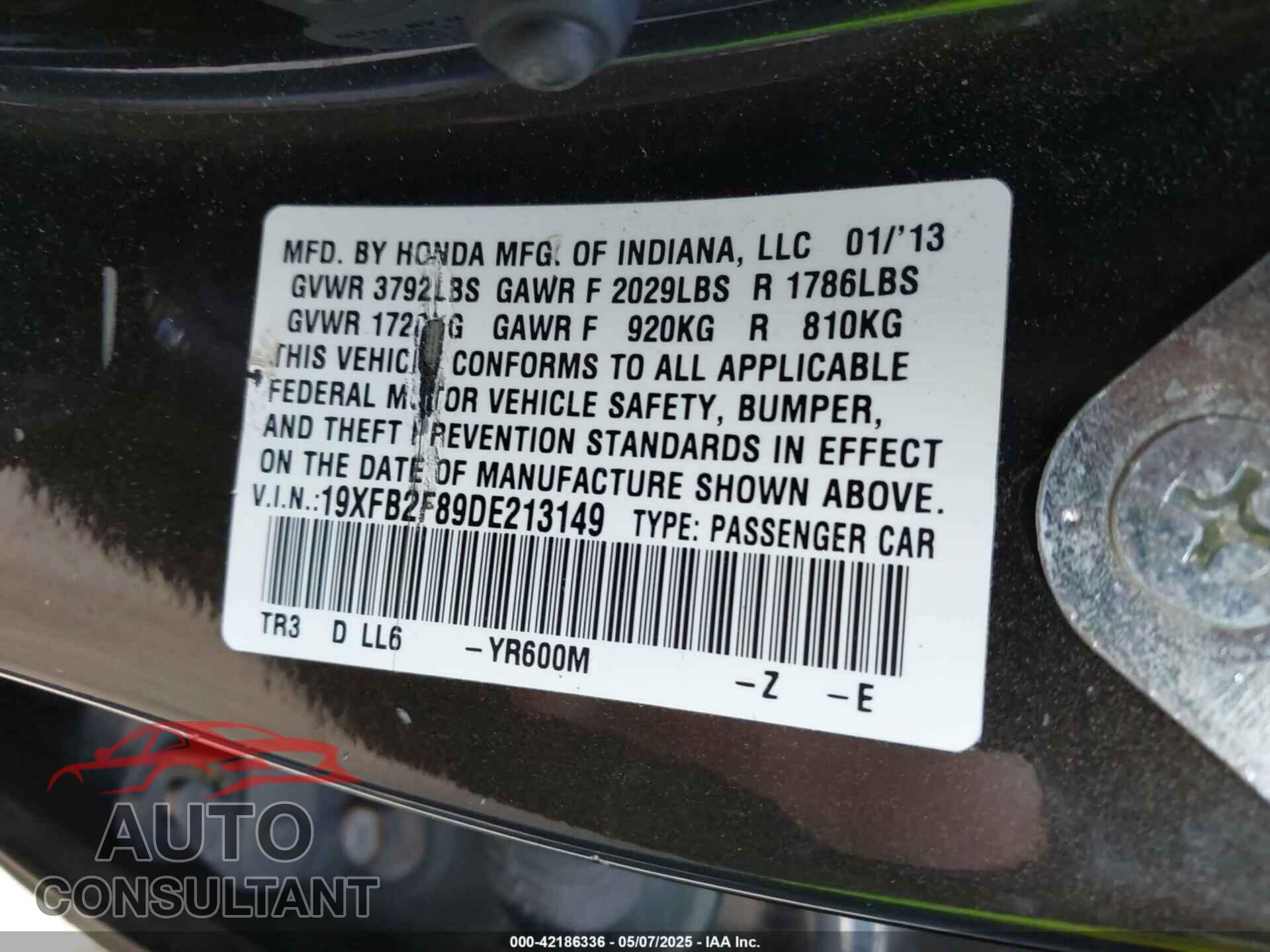 HONDA CIVIC 2013 - 19XFB2F89DE213149