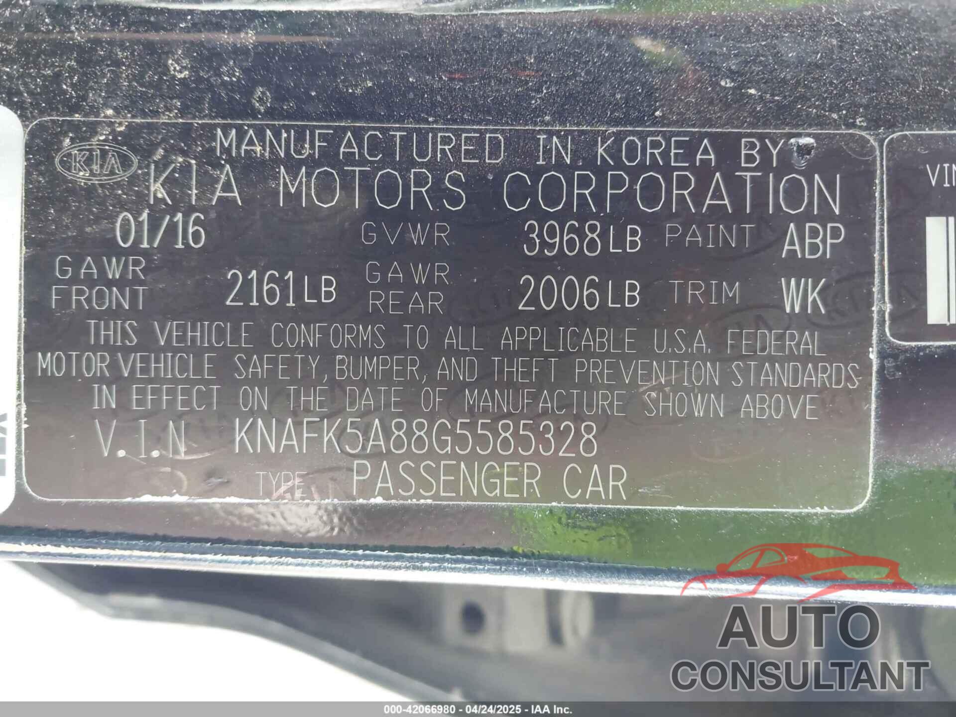 KIA FORTE 2016 - KNAFK5A88G5585328