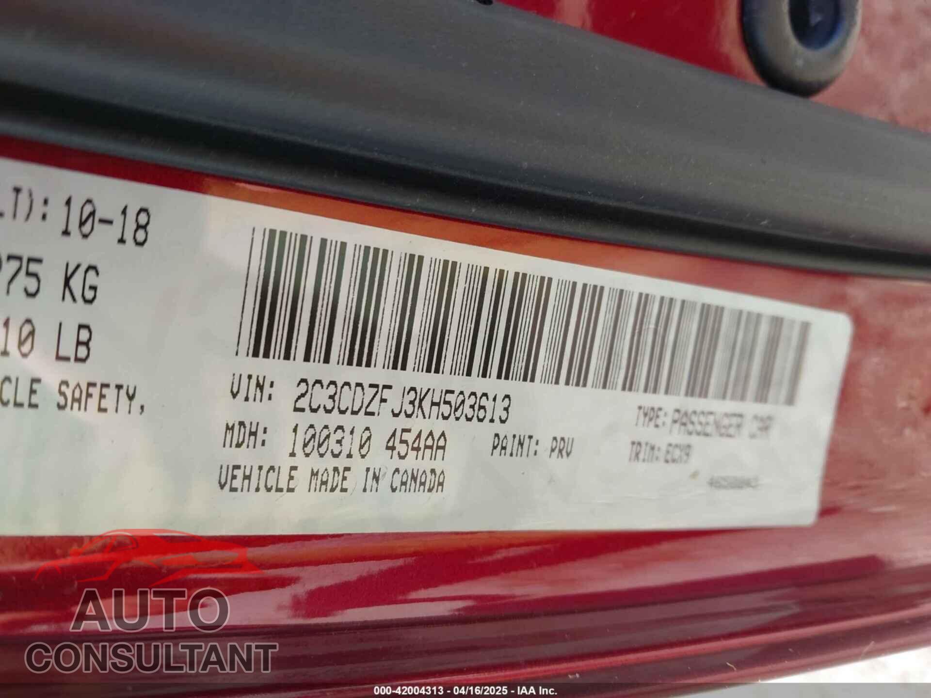 DODGE CHALLENGER 2019 - 2C3CDZFJ3KH503613